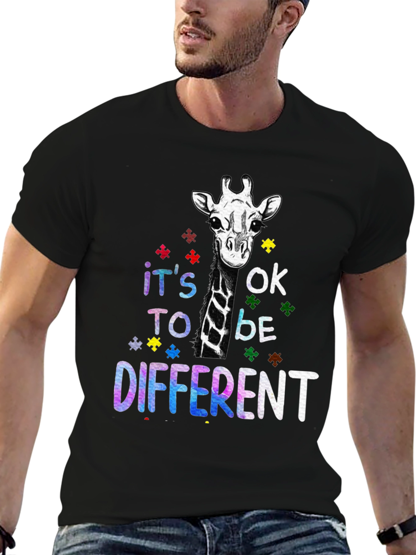 Black Autism Awareness Giraffe T-Shirt - It's OK to be Different view 6
