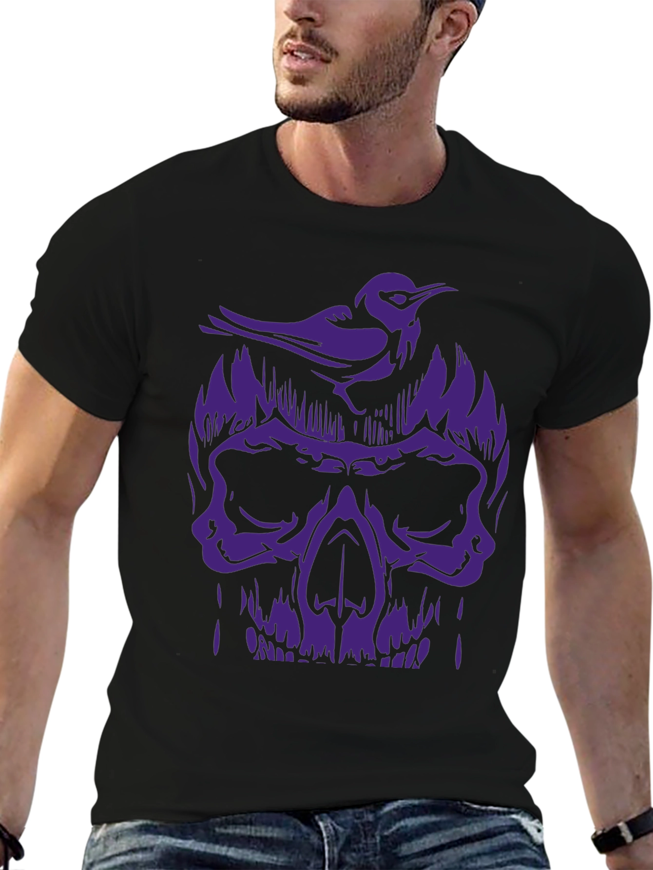 Black Skull & Bird Graphic Tee - Men's Black T-Shirt view 6