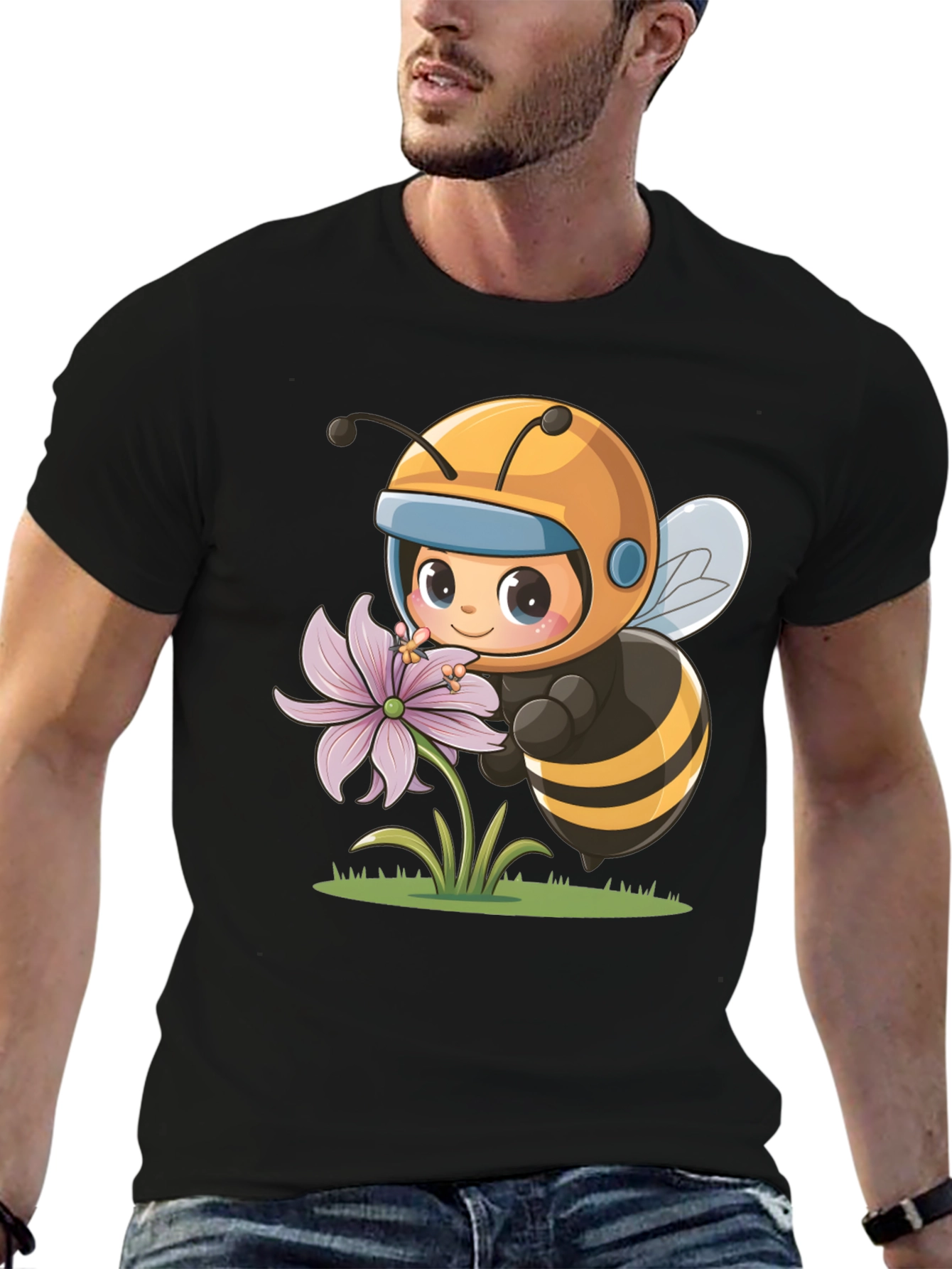 Black Cute Bee & Flower Graphic Tee view 6