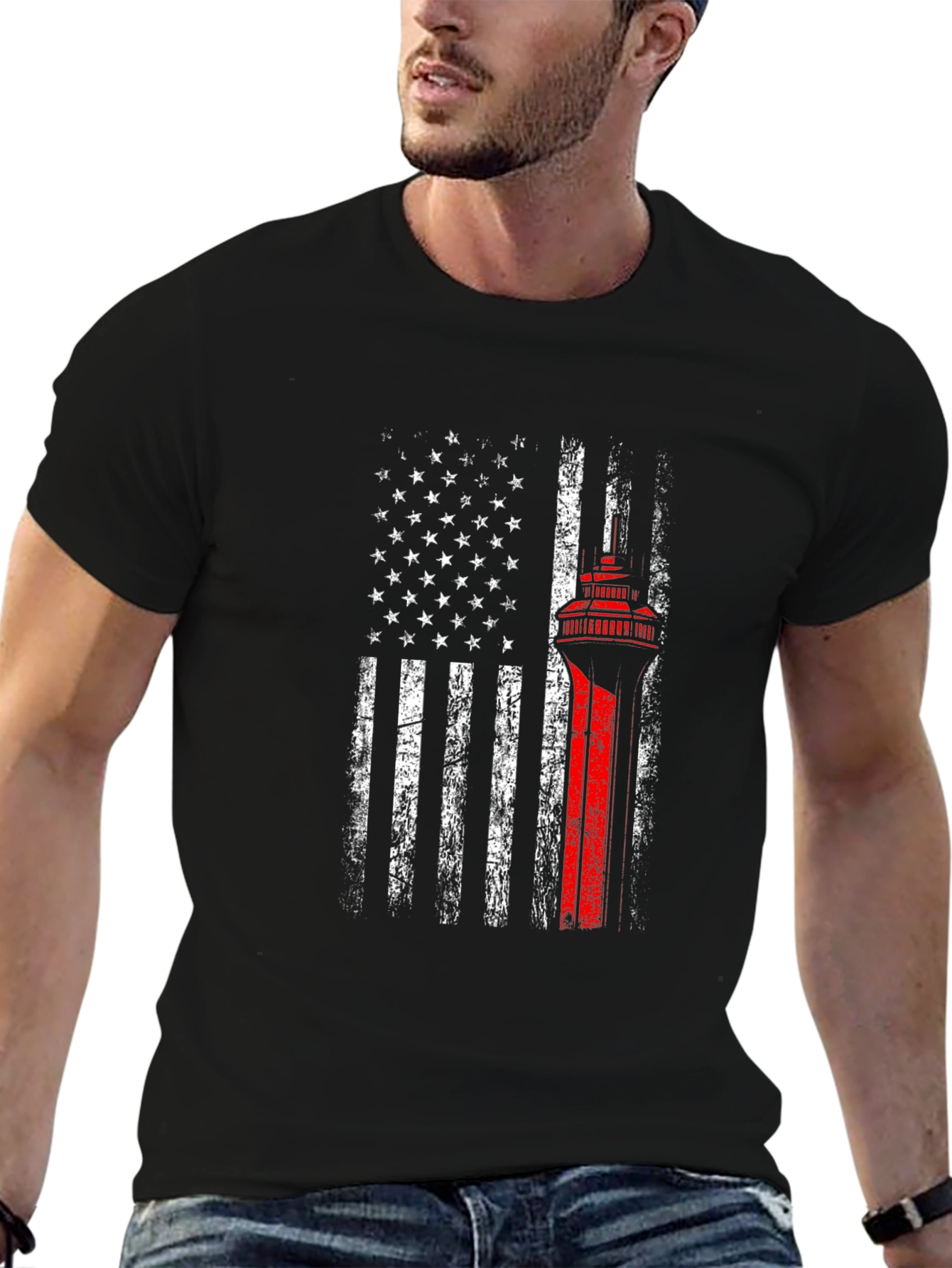 Black American Flag Space Needle Patriotic T-Shirt view 6