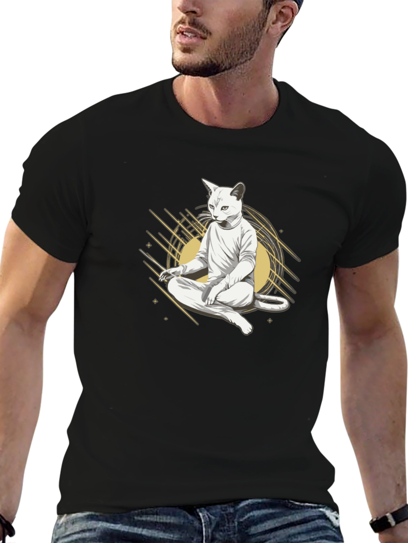 Black Zen Cat Meditation T-Shirt - Black Cotton Tee view 6