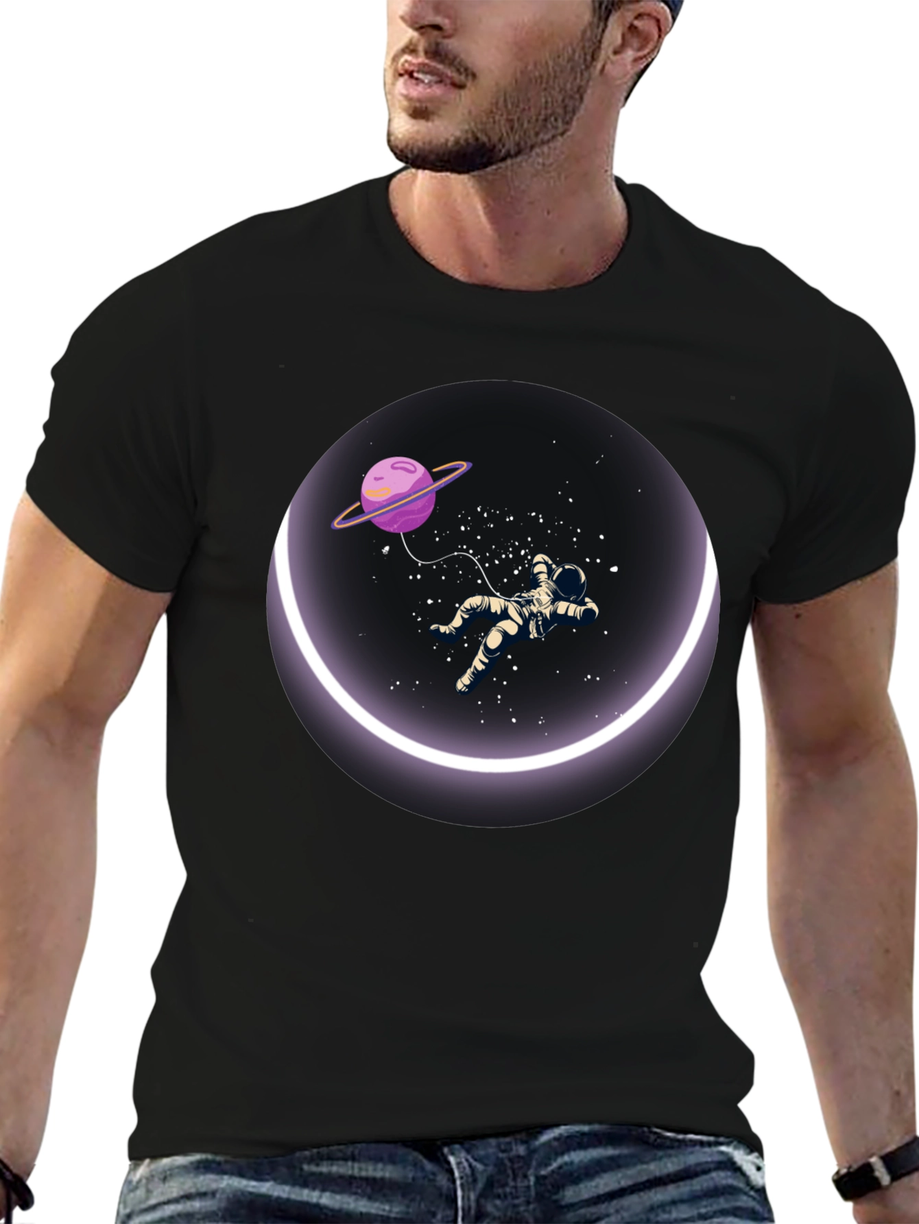 Black Astronaut in Space T-Shirt - Round Design view 6