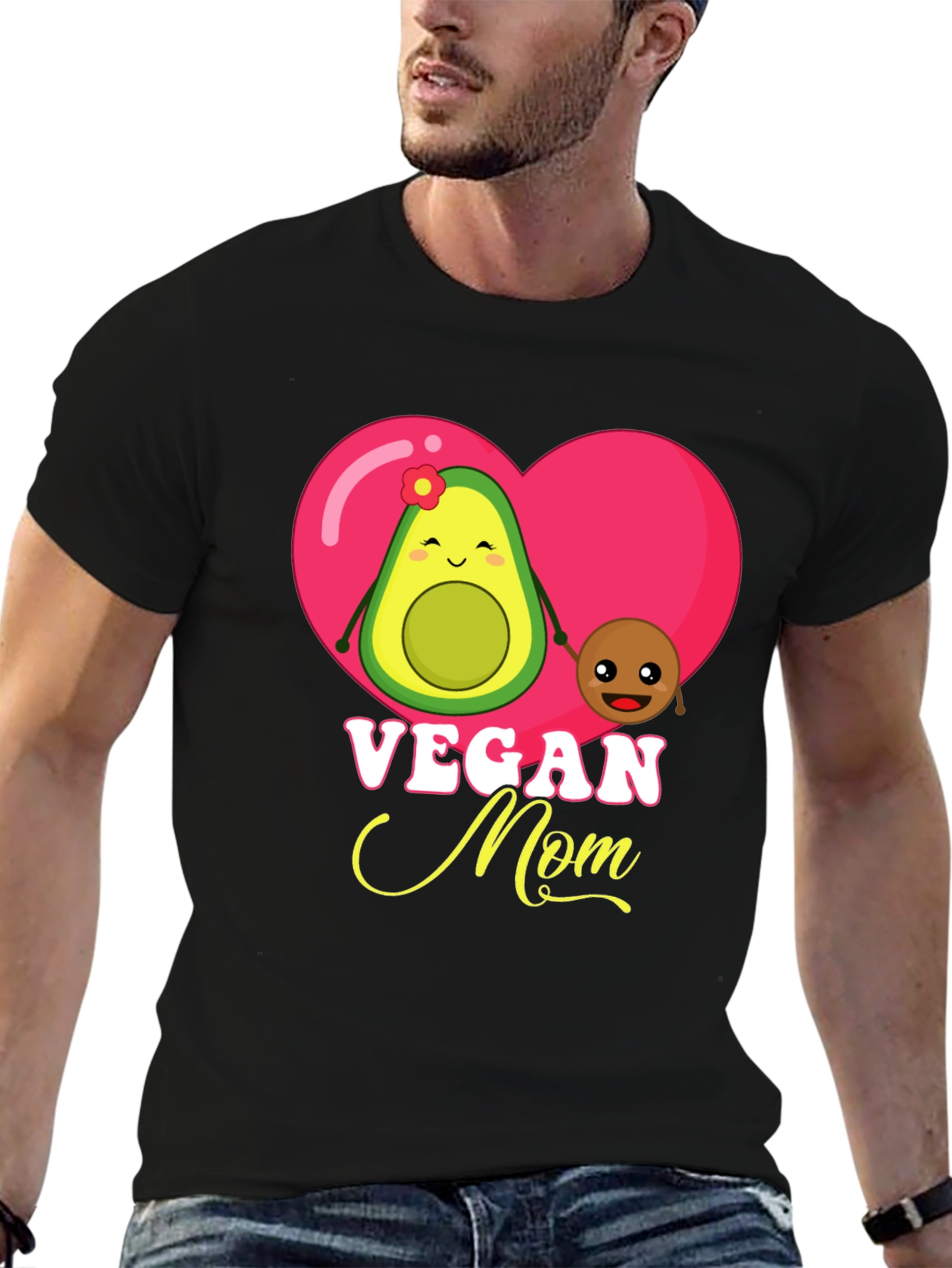 Black Vegan Mom Graphic T-Shirt Cute Avocado and Pit Design view 6