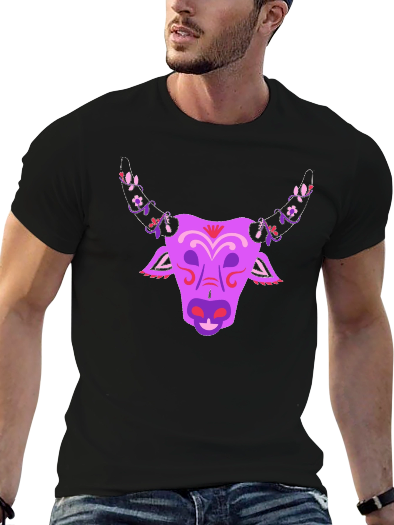 Black Floral Bull Graphic T-Shirt - Unique Design view 6