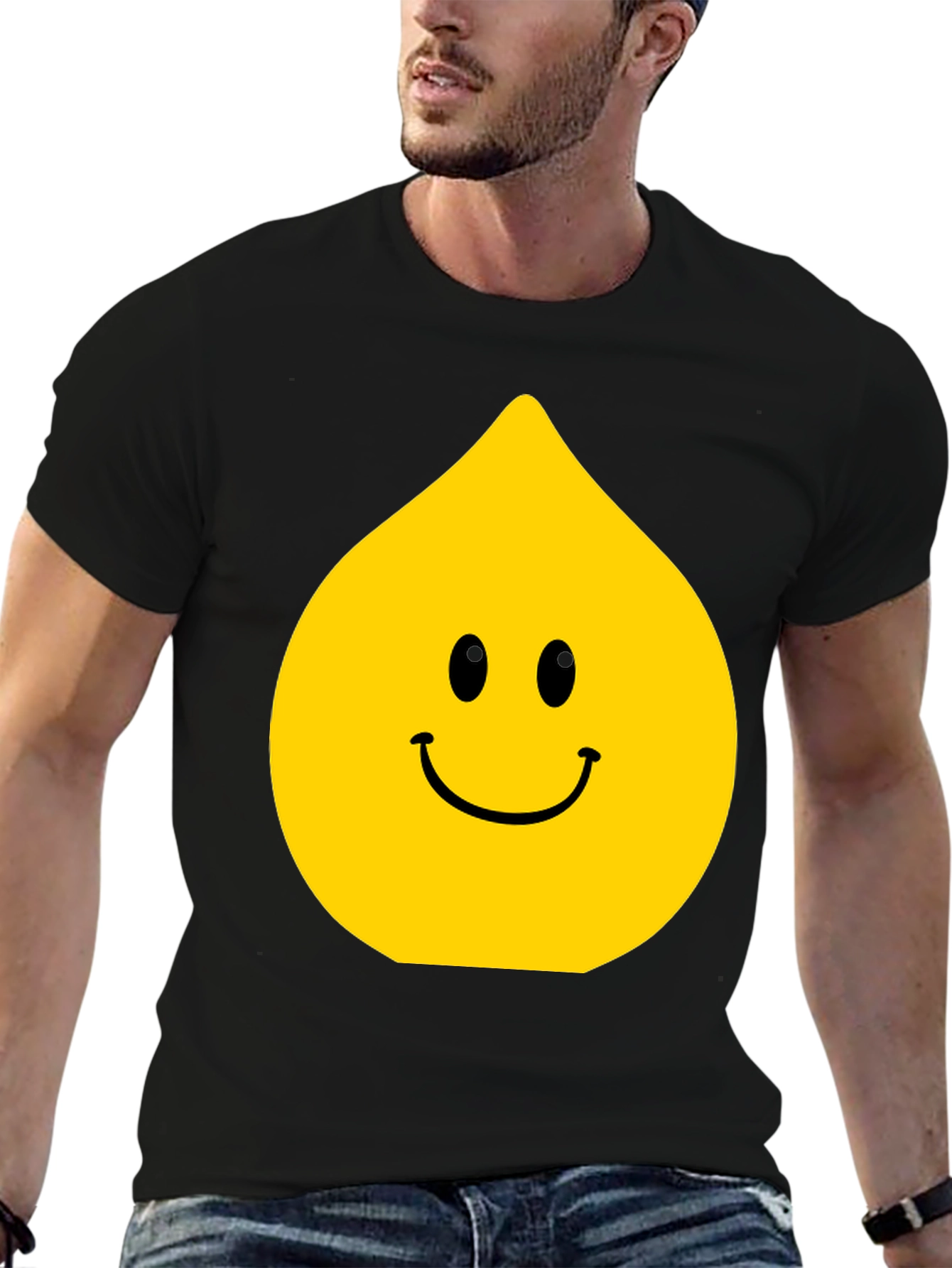 Black Funny Smiley Face Drop Graphic Black T-Shirt view 6