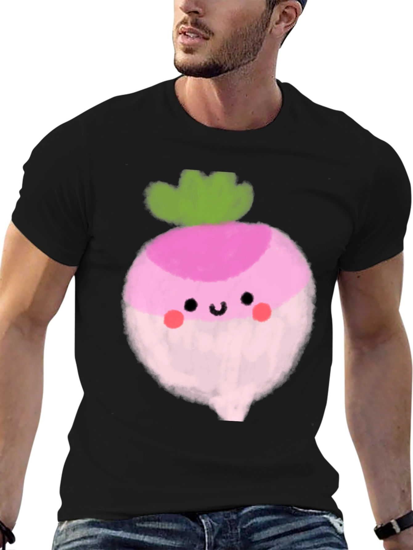Black Cute Radish Graphic Tee - Black Cotton T-Shirt view 6