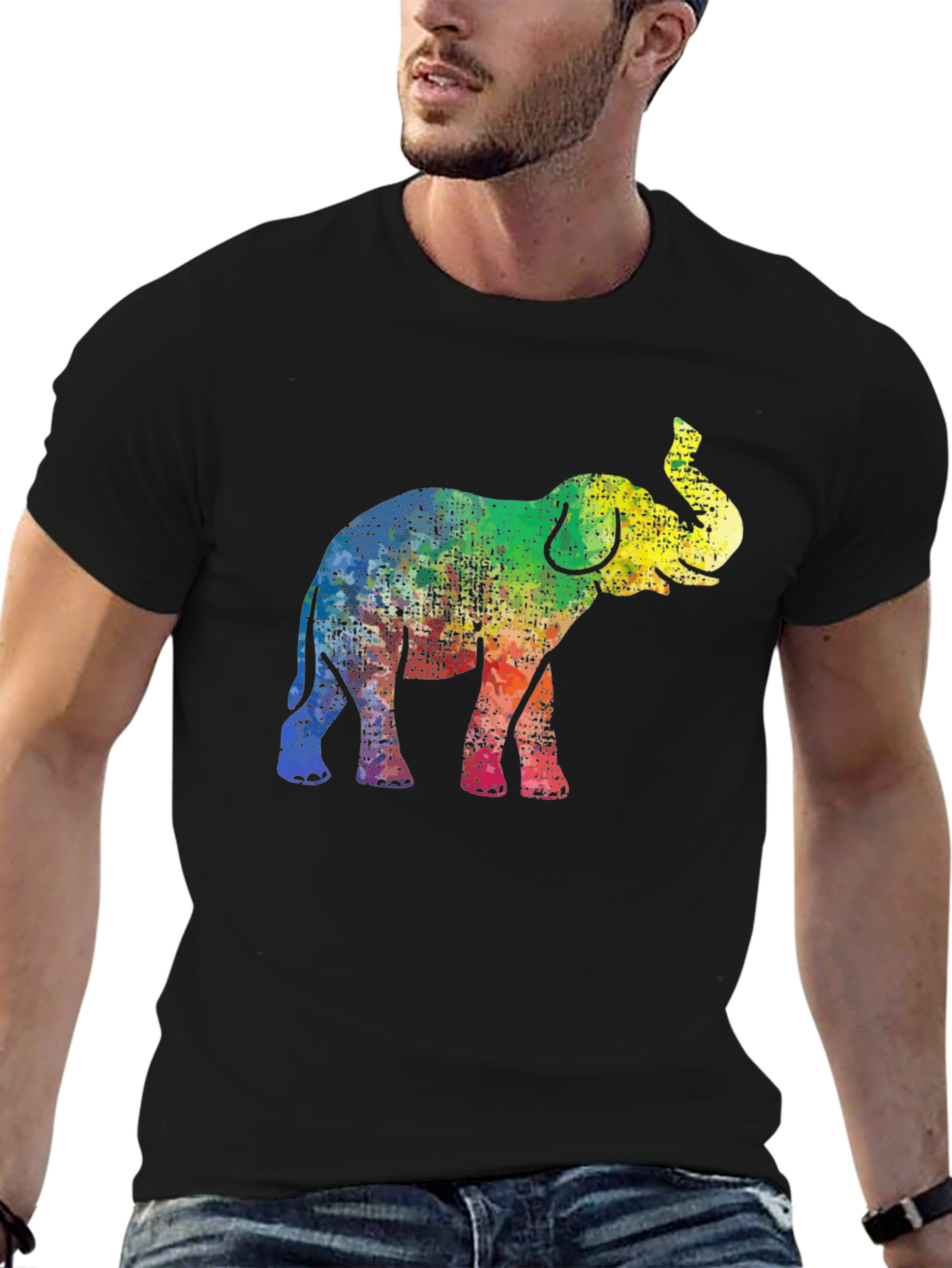 Black Rainbow Elephant Graphic Tee - Black Cotton T-Shirt view 6