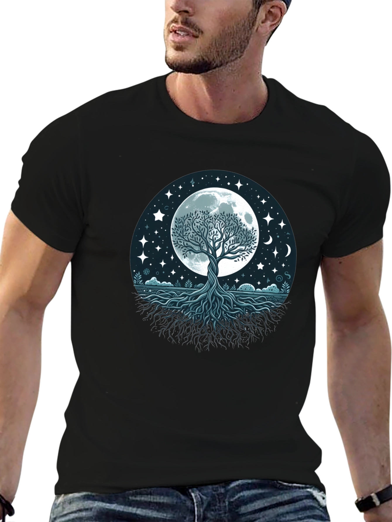 Black Mystic Tree of Life Moon Graphic Tee - Black Cotton Shirt view 6
