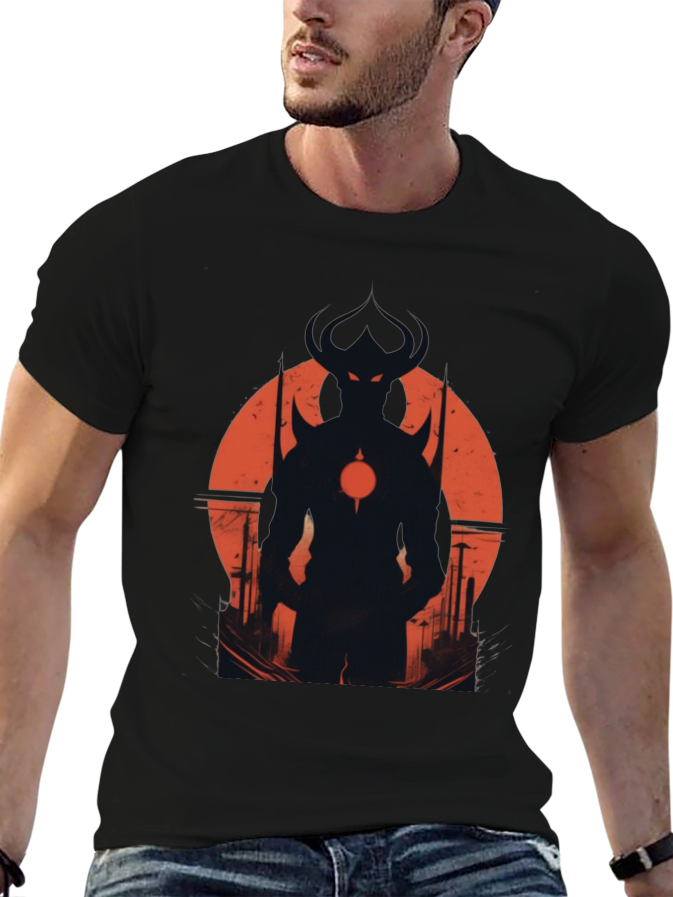 Black Men's Black T-Shirt with Demon Silhouette Graphic view 6
