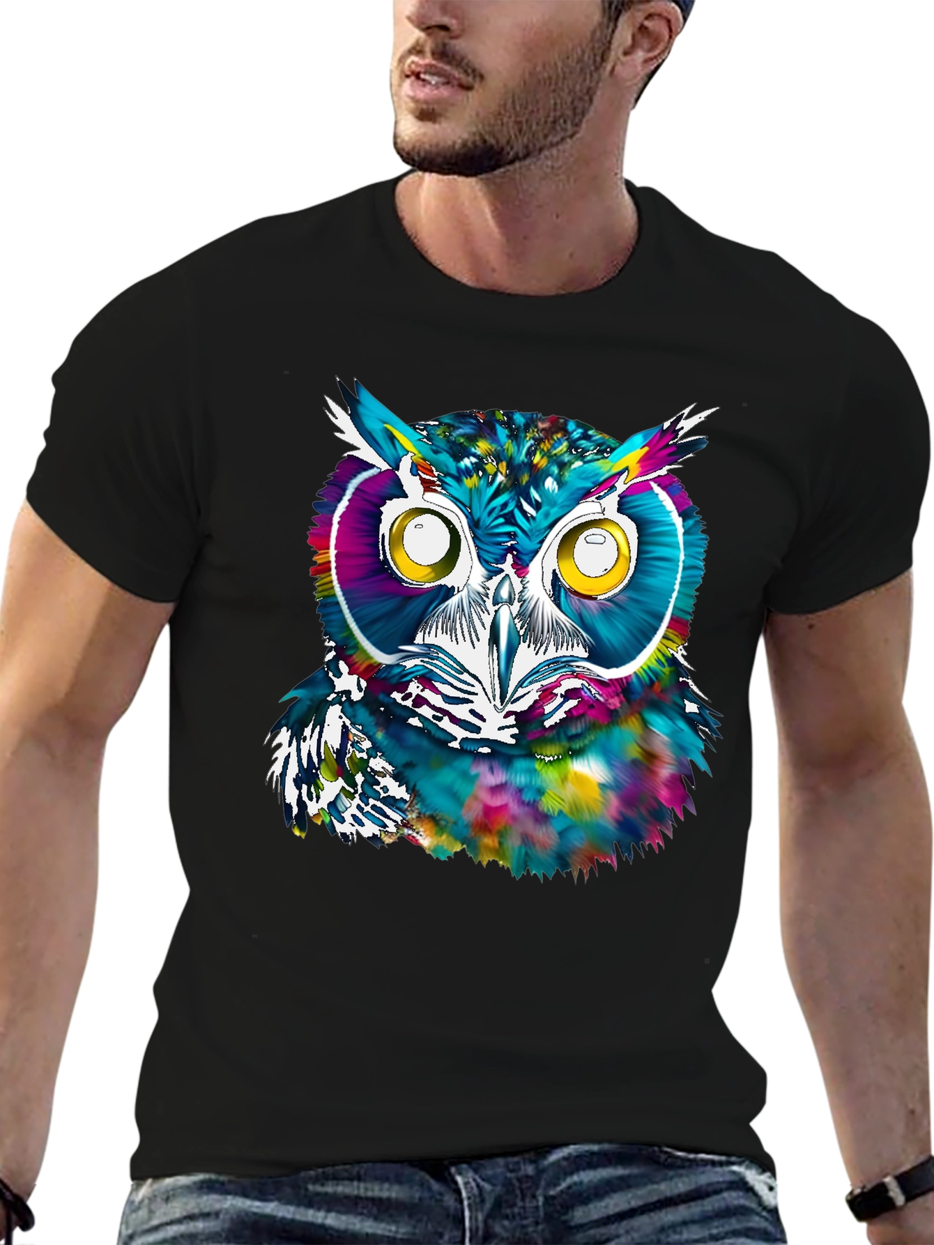 Black Colorful Owl Graphic Print T-Shirt view 6