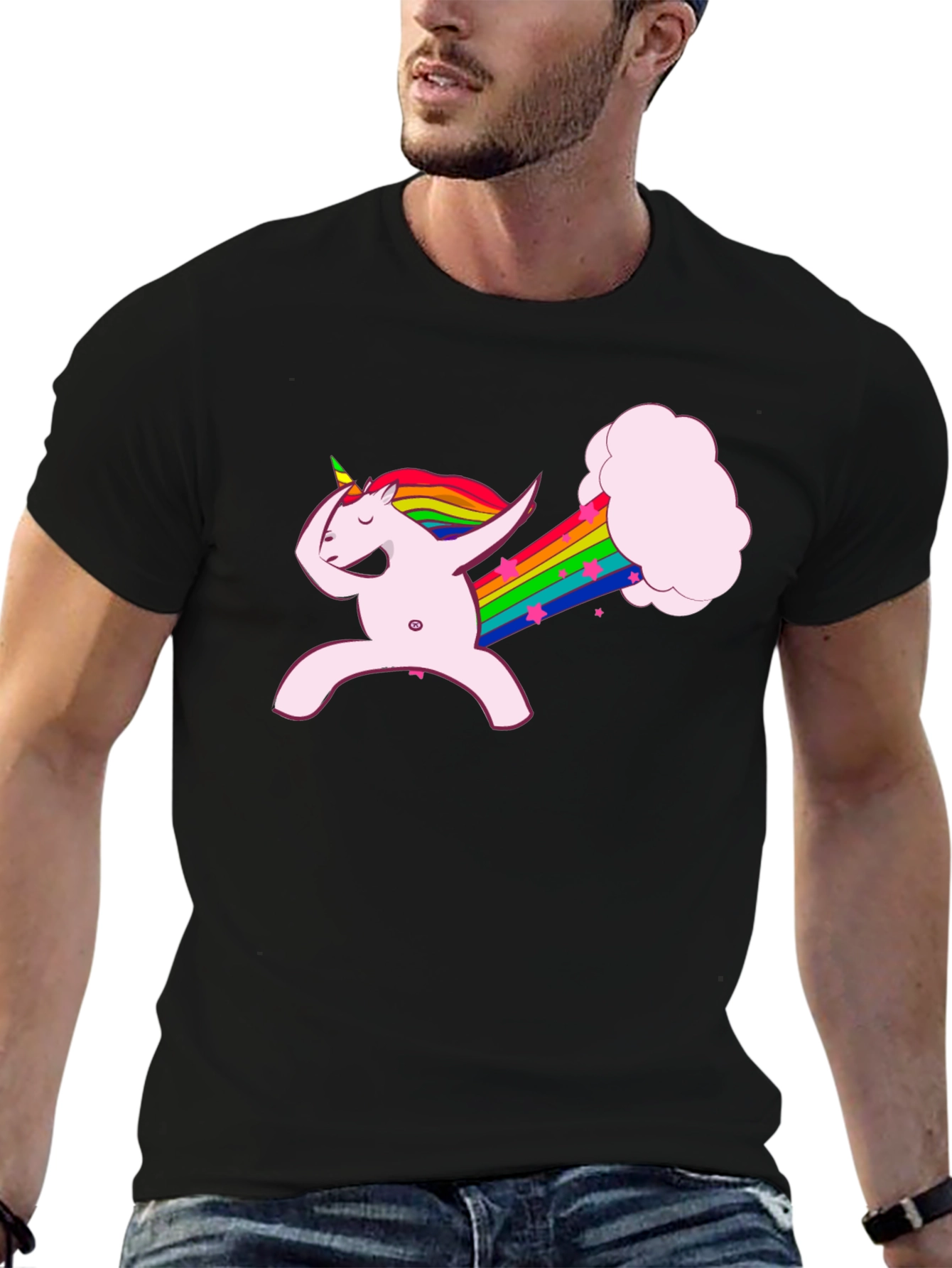 Black Dabbing Unicorn Rainbow Fart Black T-Shirt view 6