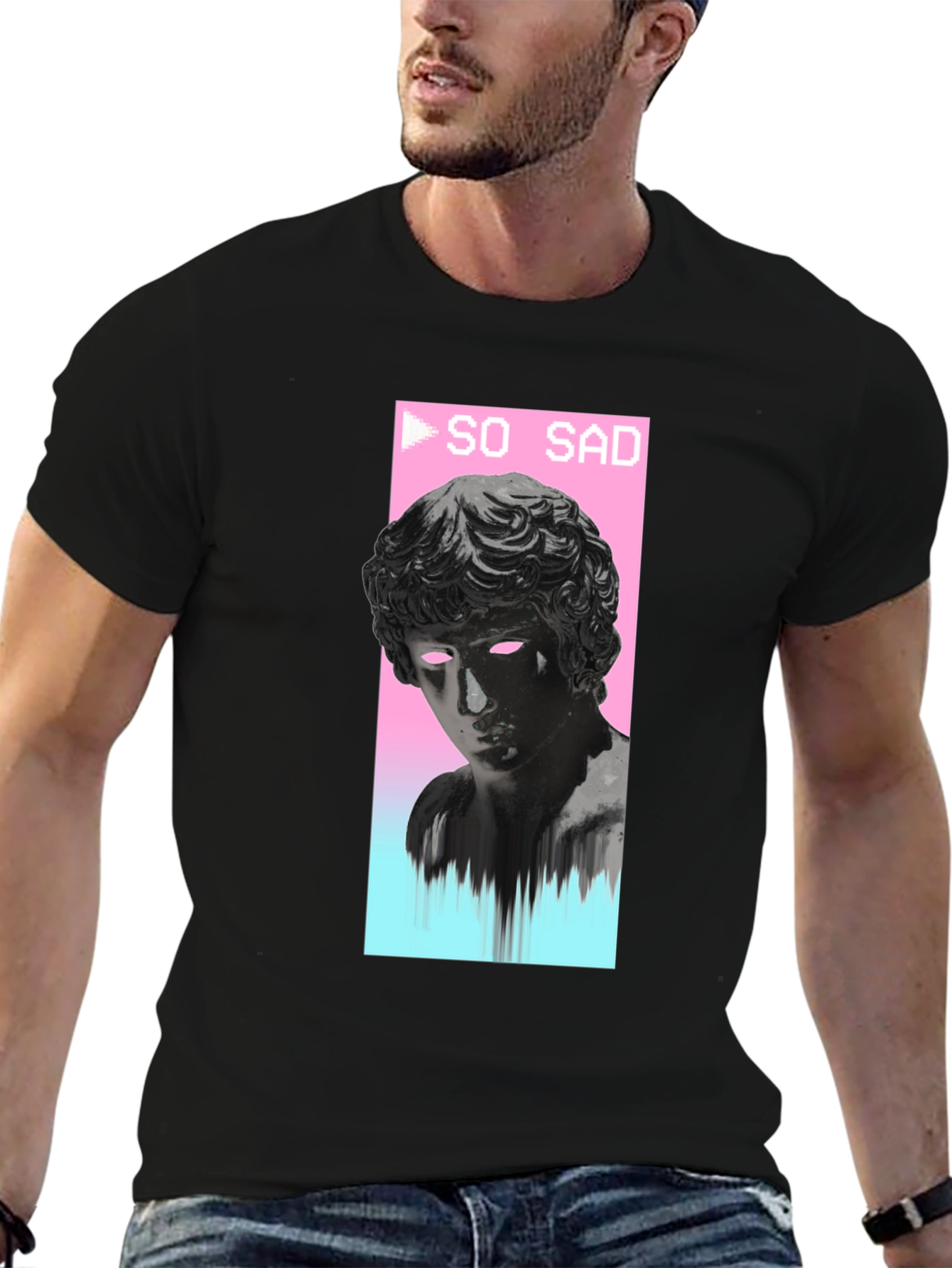 Black So Sad Vaporwave Aesthetic Black T-Shirt view 6