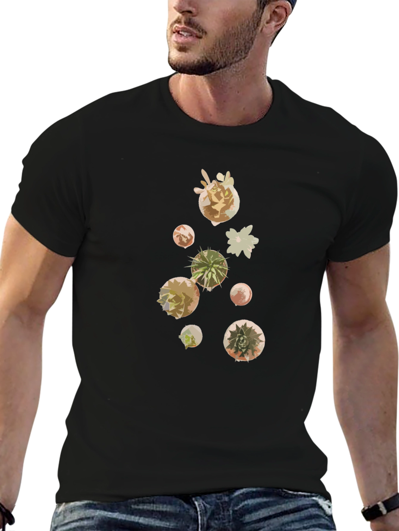 Black Modern Succulent Print Black T-Shirt view 6