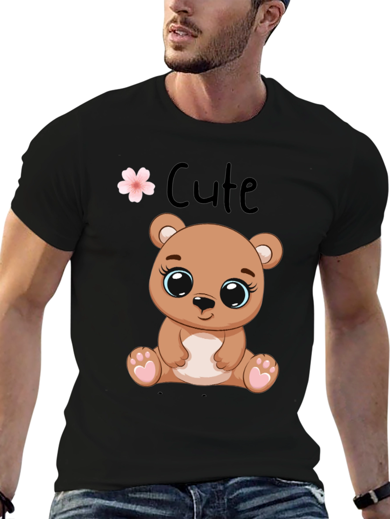 Black Cute Bear Graphic Tee - Black Cotton T-Shirt view 6