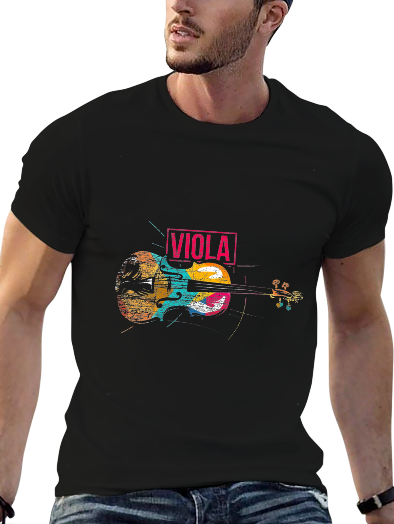 Black Viola Music T-Shirt - Colorful Violin Design view 6