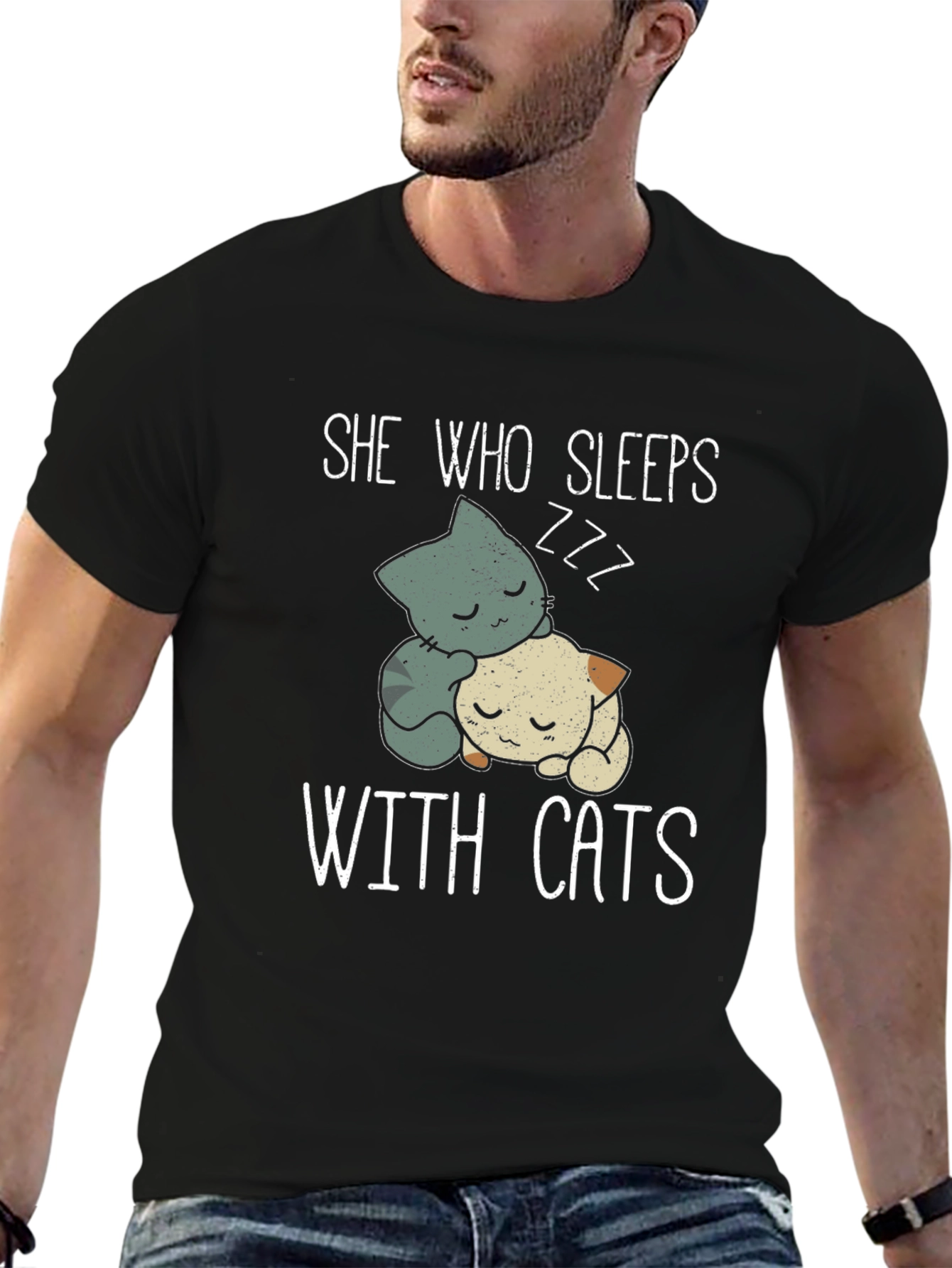 Black She Who Sleeps With Cats T-Shirt view 6