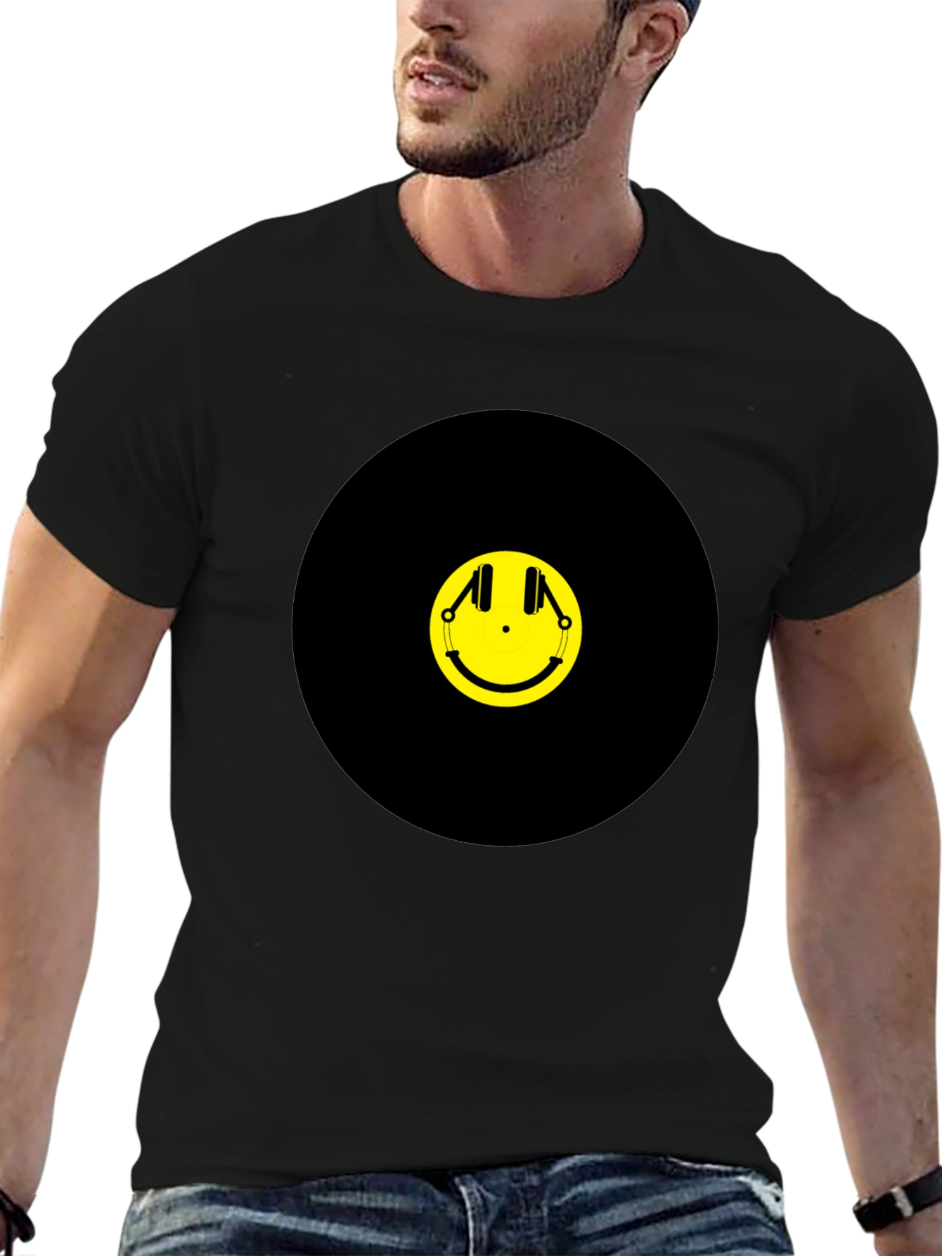 Black Smiley Face Headphones Graphic Tee - Black Cotton T-Shirt view 6