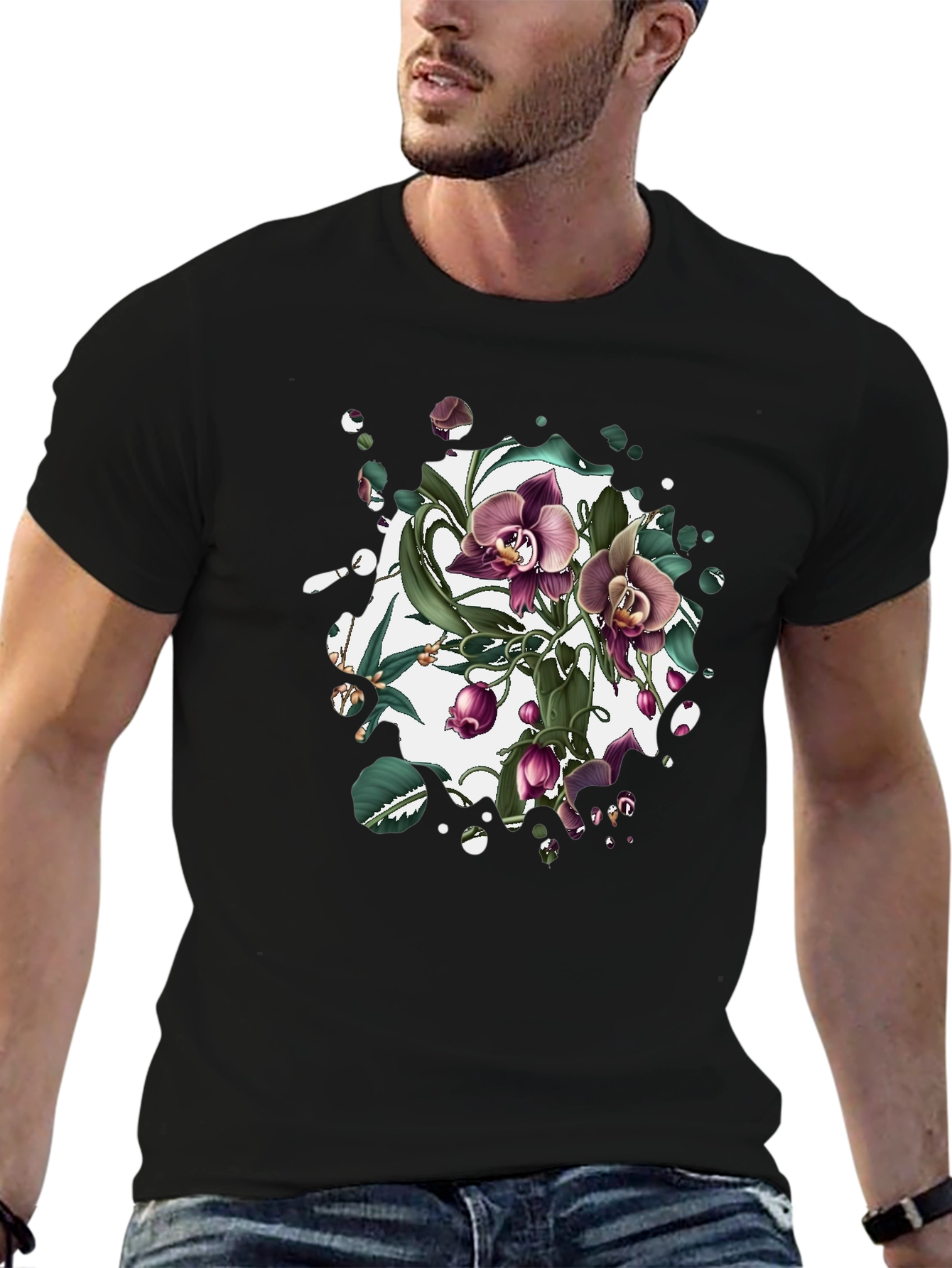Black Floral Orchid Graphic T-Shirt view 6