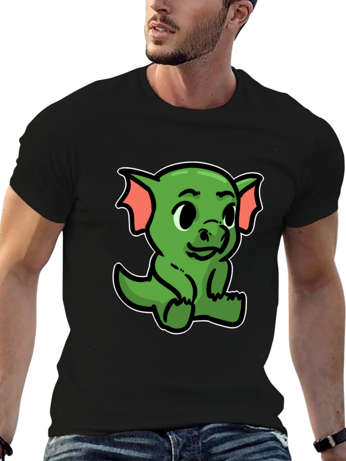 Black Cute Green Dragon Cartoon Black T-Shirt view 6