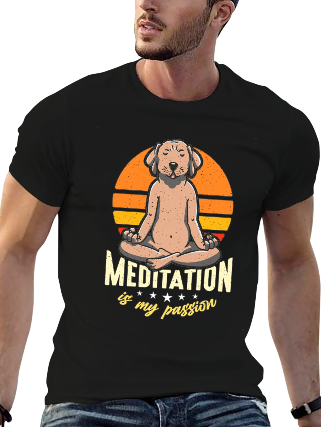 Black Meditating Dog T-Shirt - Find Your Zen view 6