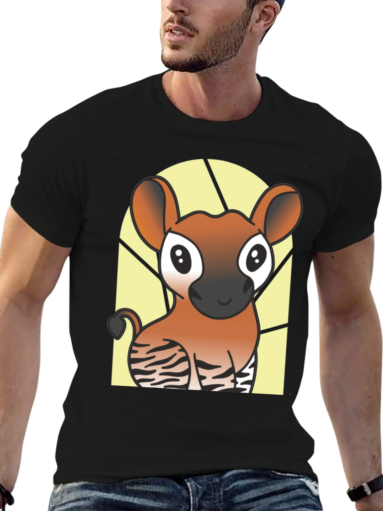 Black Cute Okapi Cartoon Black T-Shirt view 6