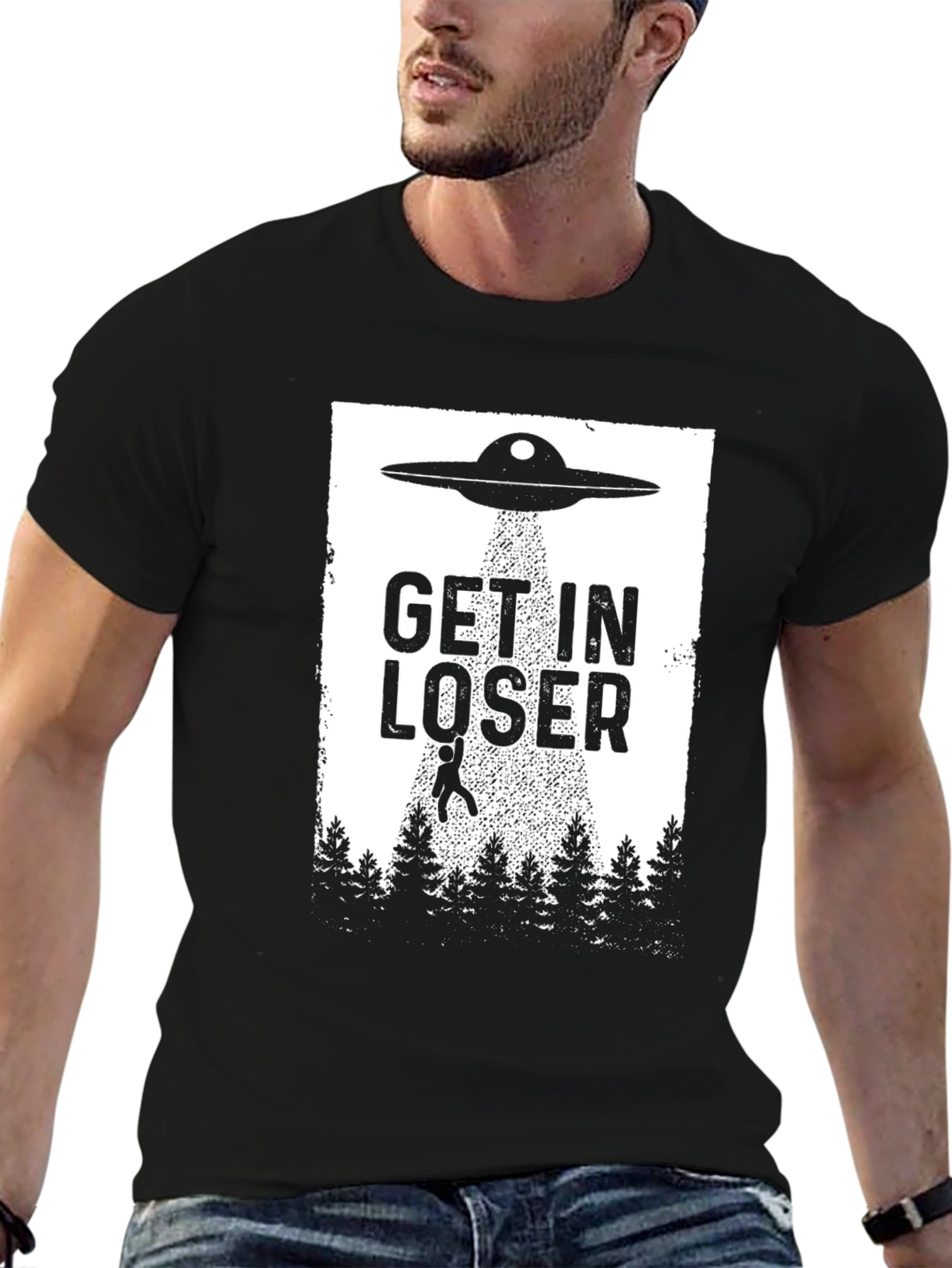 Black Get In Loser UFO T-Shirt - Alien Abduction Humor Tee view 6