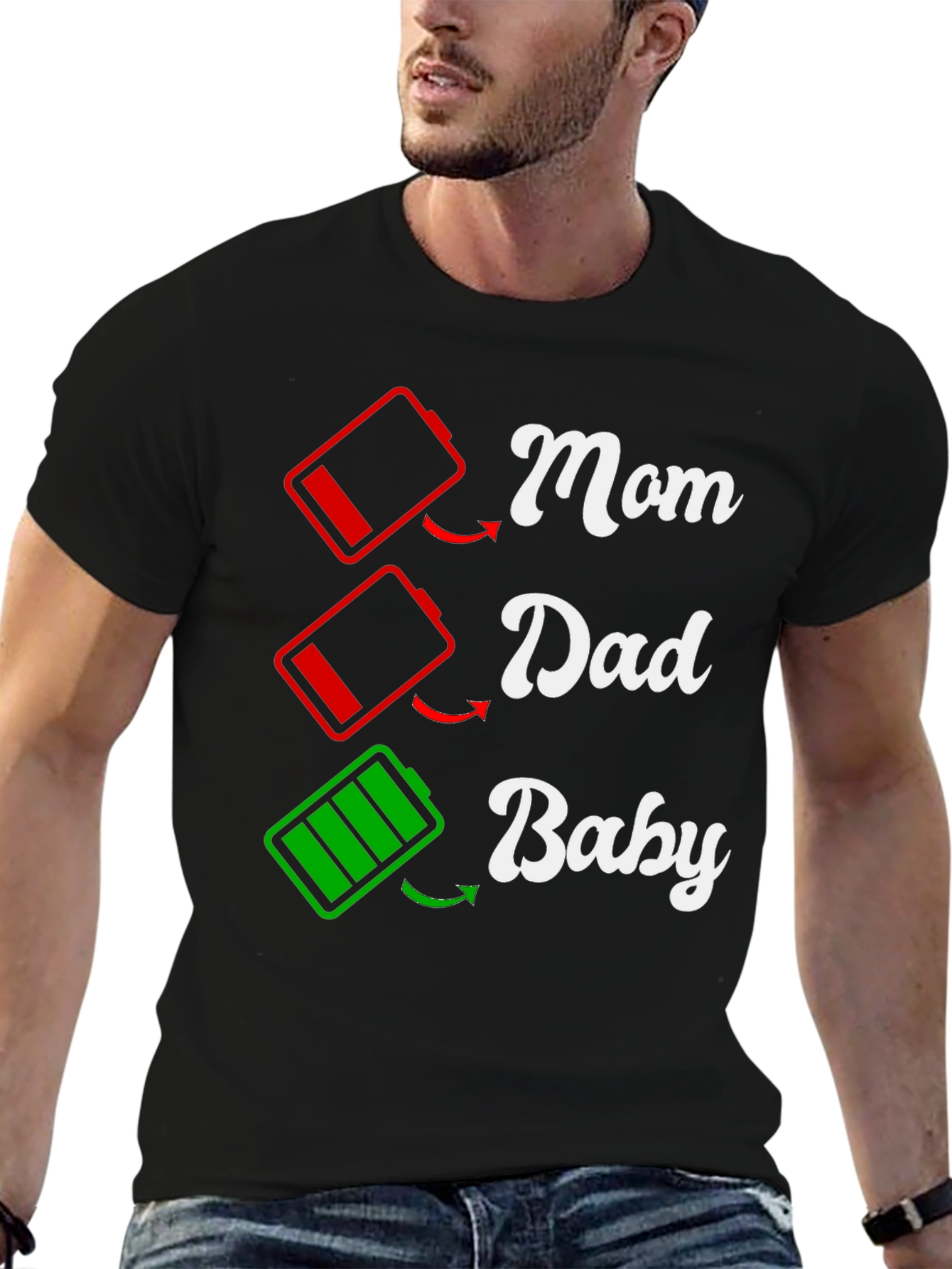 Black Funny Family Matching T-Shirt: Low Battery Mom Dad Baby  view 6