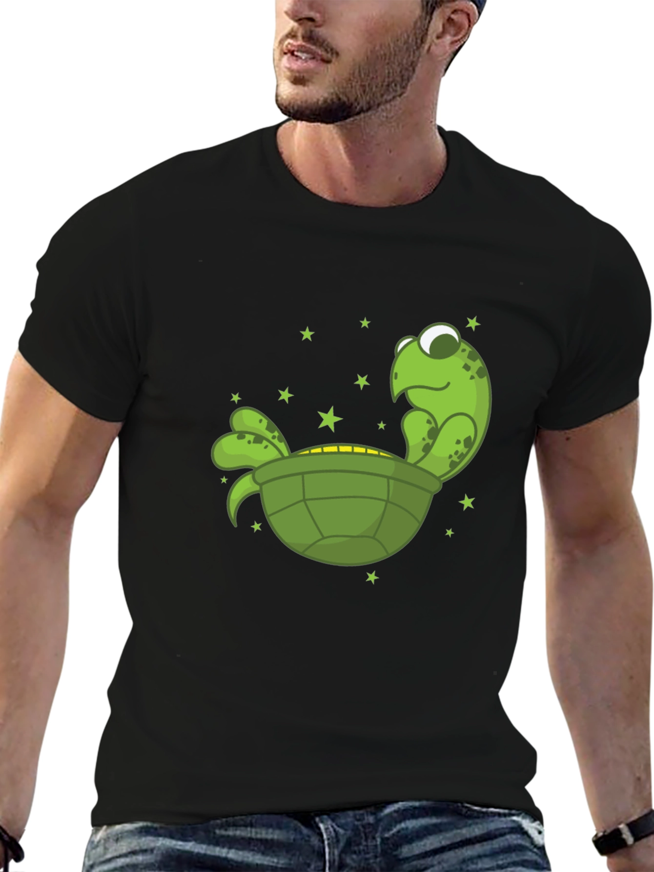Black Cartoon Turtle Graphic Tee - Unisex Black T-Shirt view 6