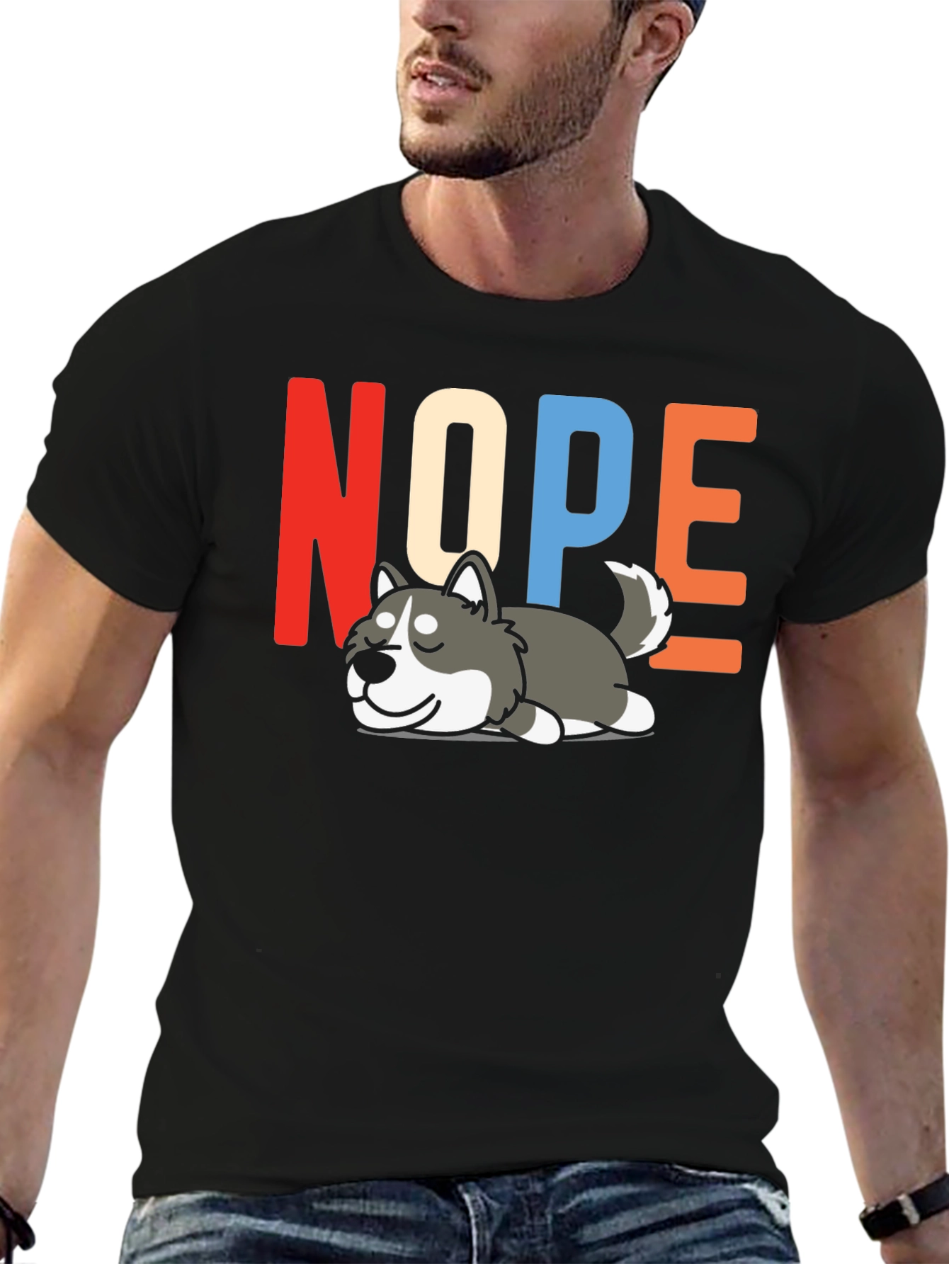 Black Nope Husky T-Shirt - Funny Lazy Dog Graphic Tee view 6