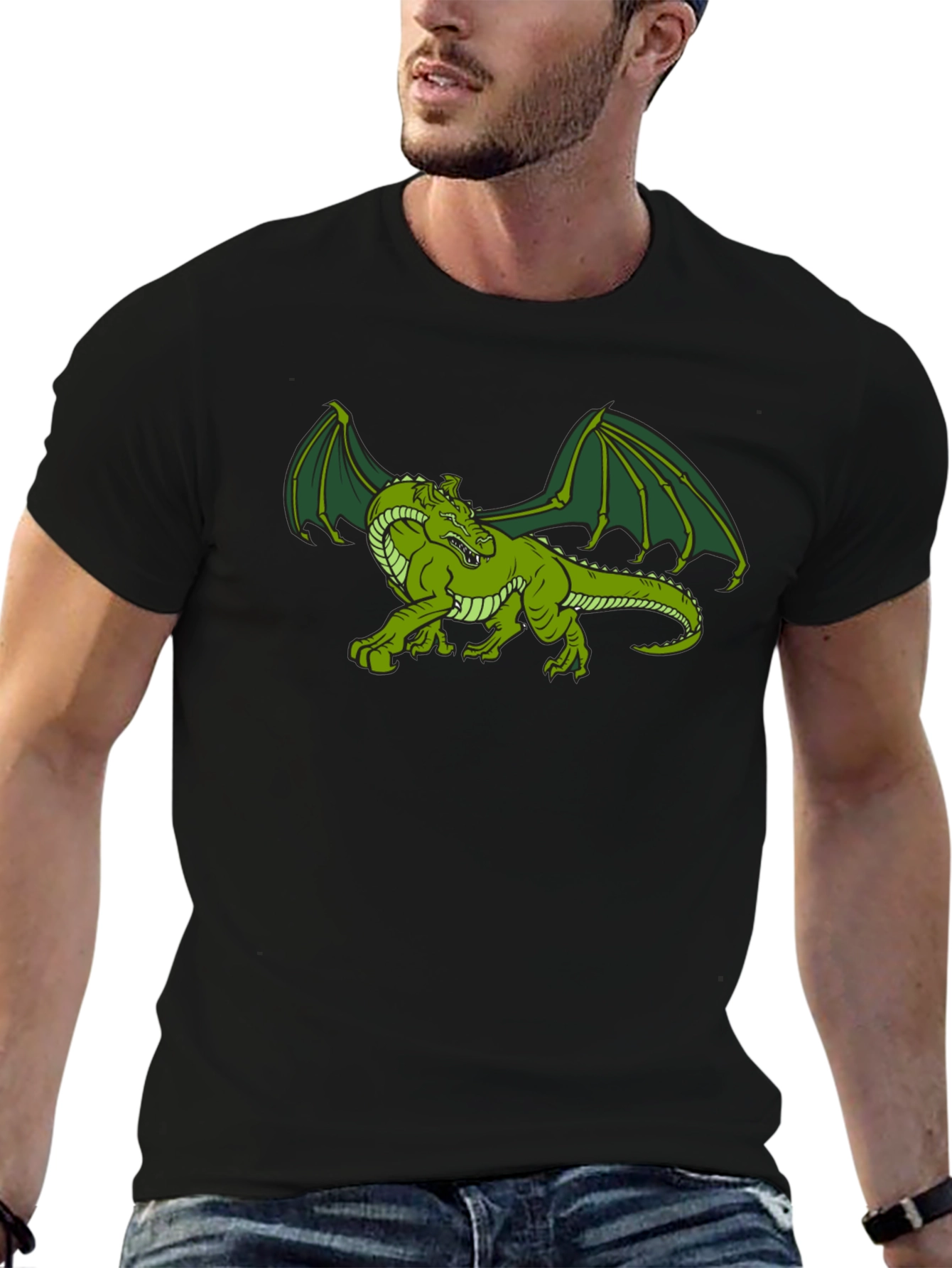 Black Green Dragon Graphic Tee - Fantasy T-Shirt view 6