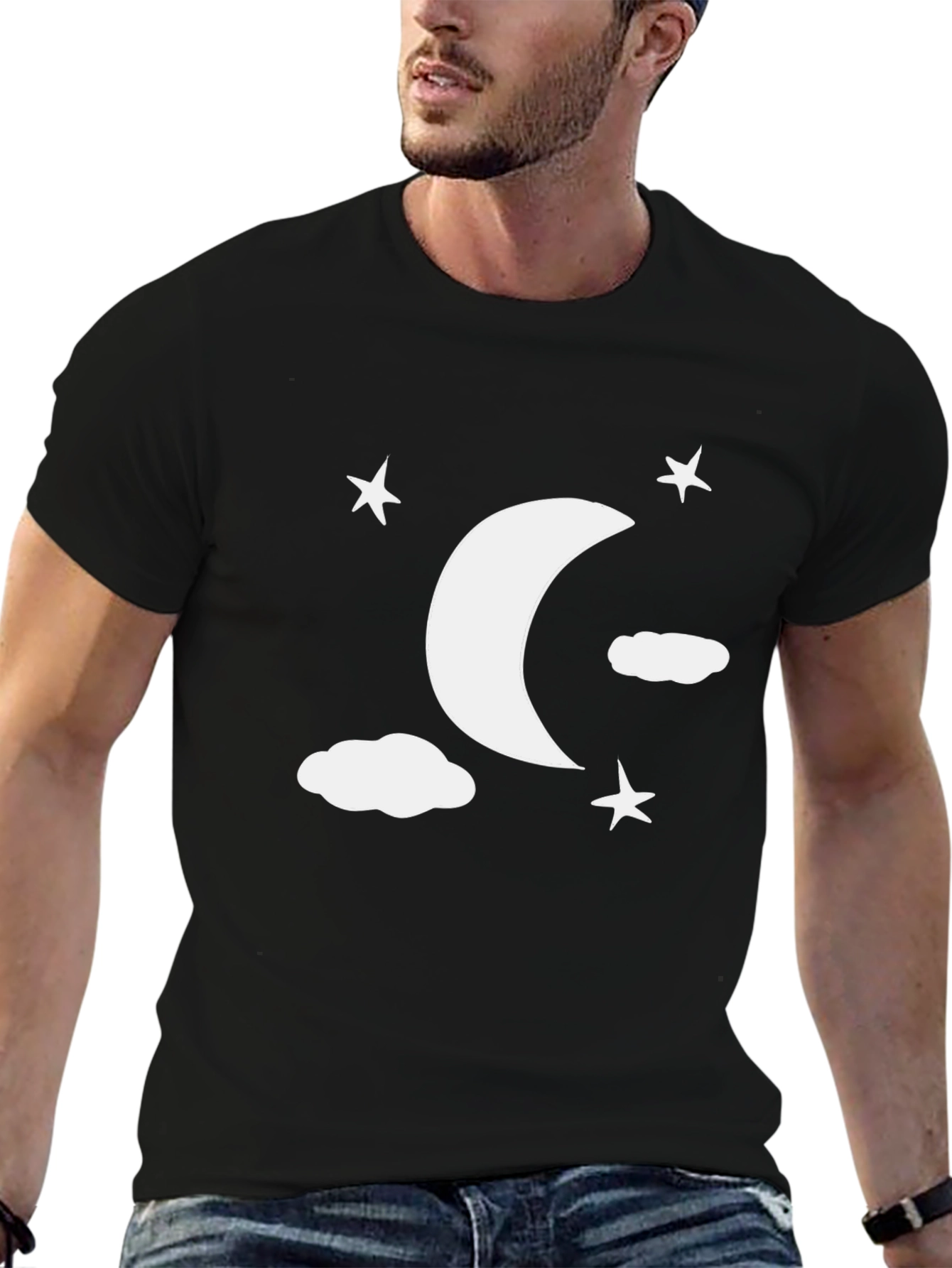 Black Moon Stars Clouds Graphic Tee - Black Casual Shirt view 6