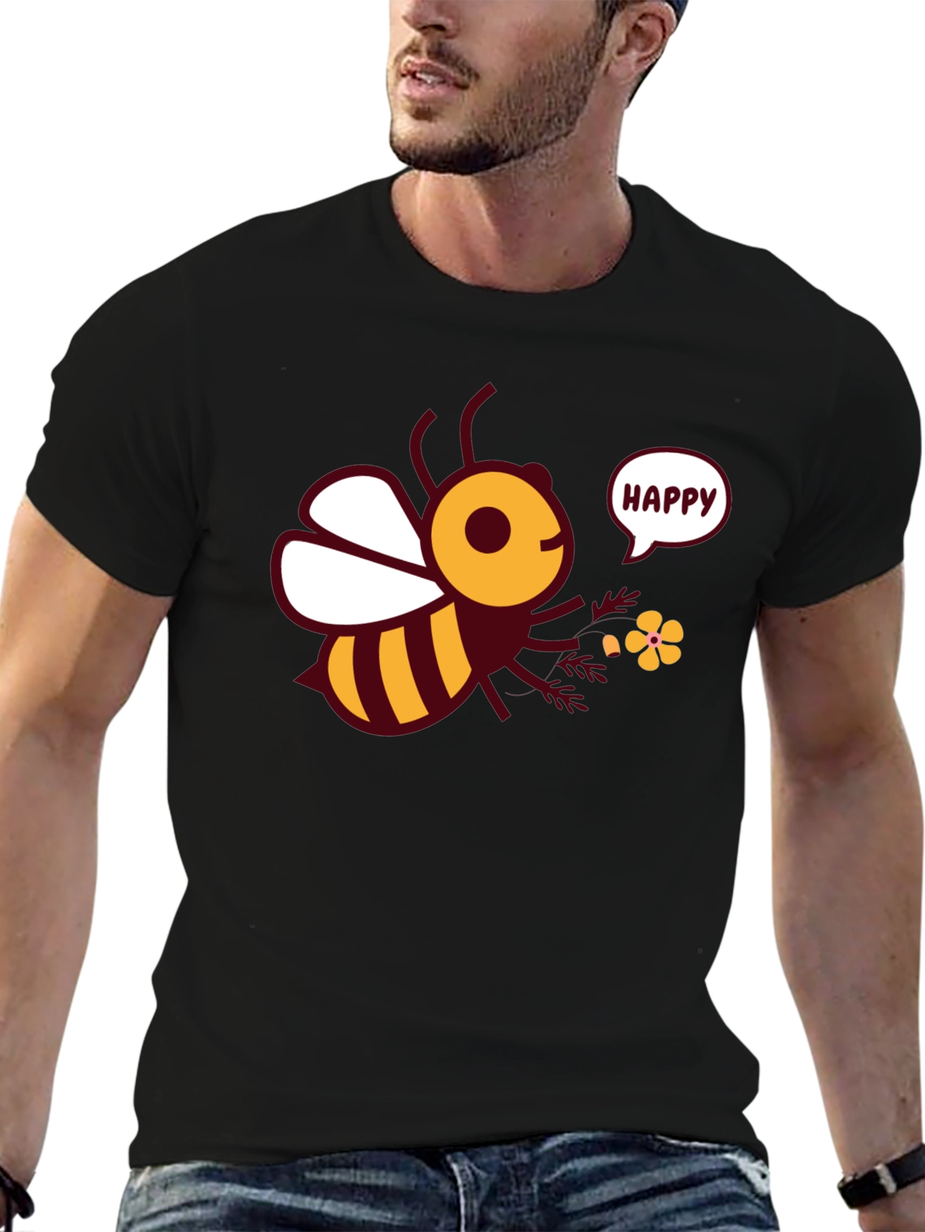 Black Happy Bee Graphic Tee - Men's Black T-Shirt view 6