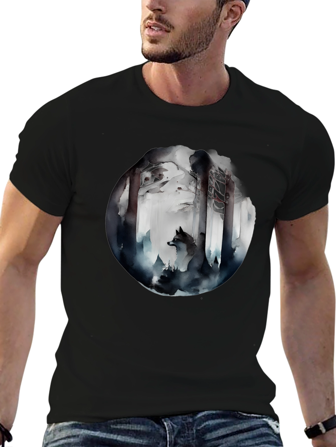 Black Mystic Forest Wolf Graphic Tee - Black Cotton Blend view 6