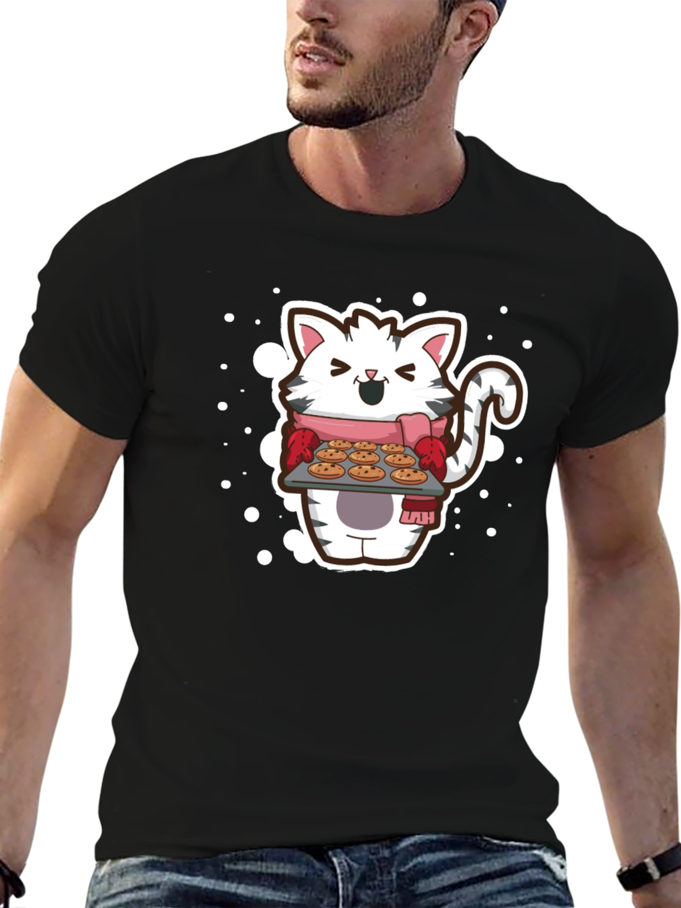 Black Cat Baker T-Shirt - Cute Cartoon Kitten with Cookies view 6
