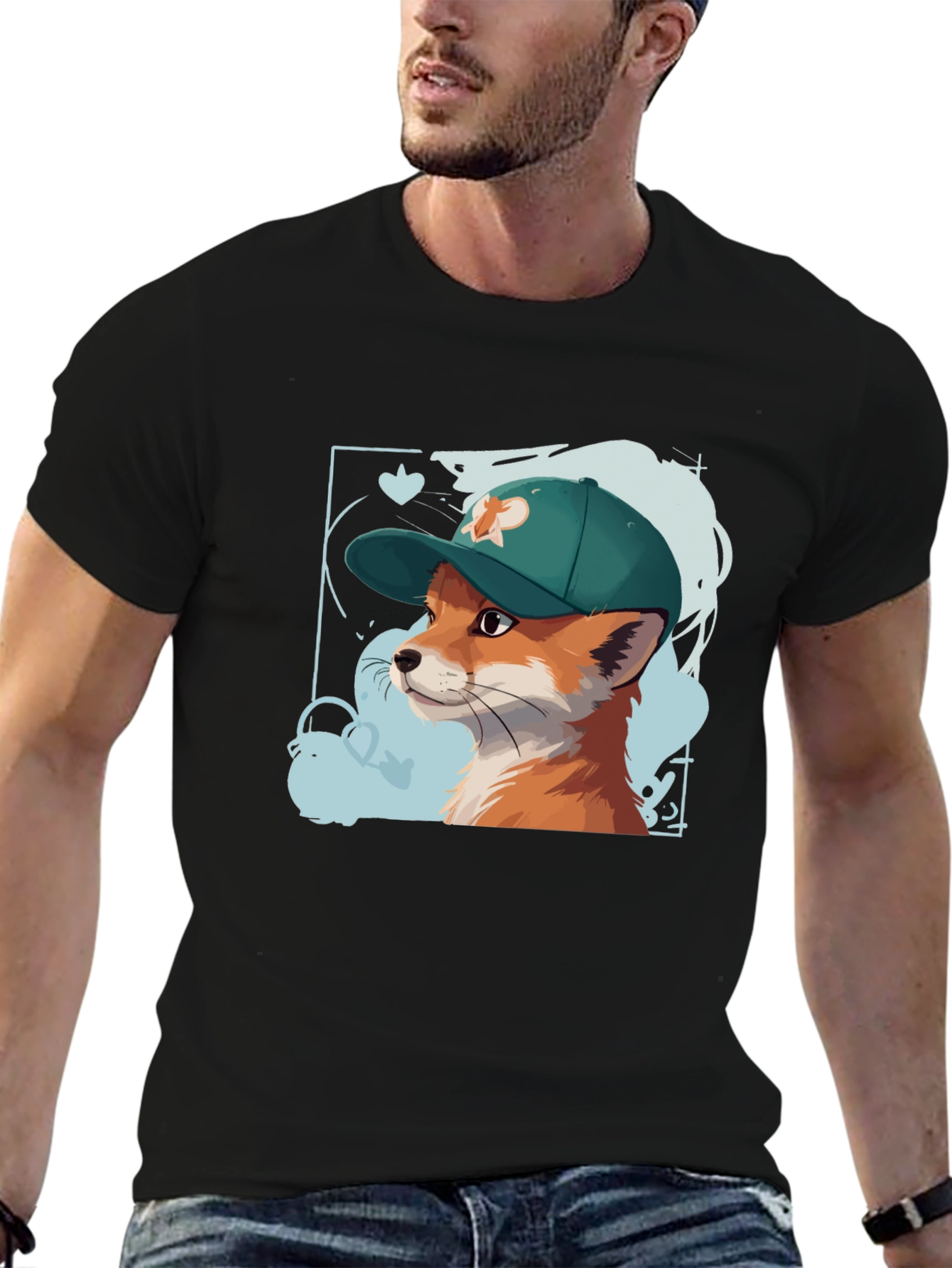 Black Cool Fox Tee: Graphic Print Cotton T-Shirt view 6