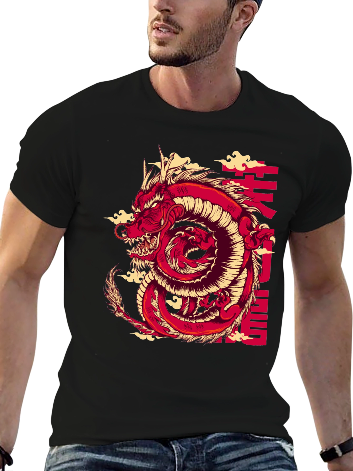 Black Red Dragon Graphic Print Black T-Shirt view 6