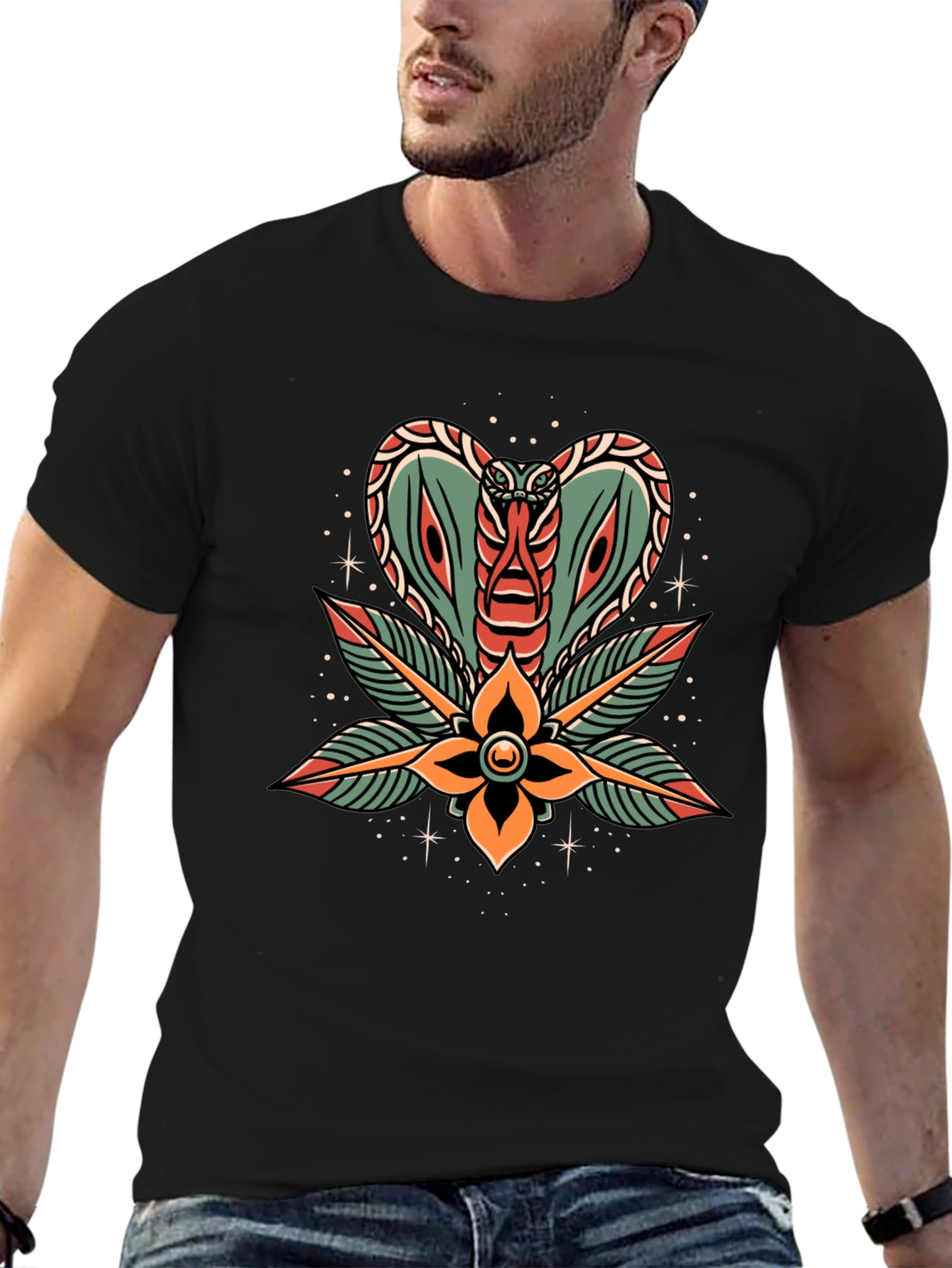 Black Cobra Flower Tattoo Graphic T-Shirt view 6