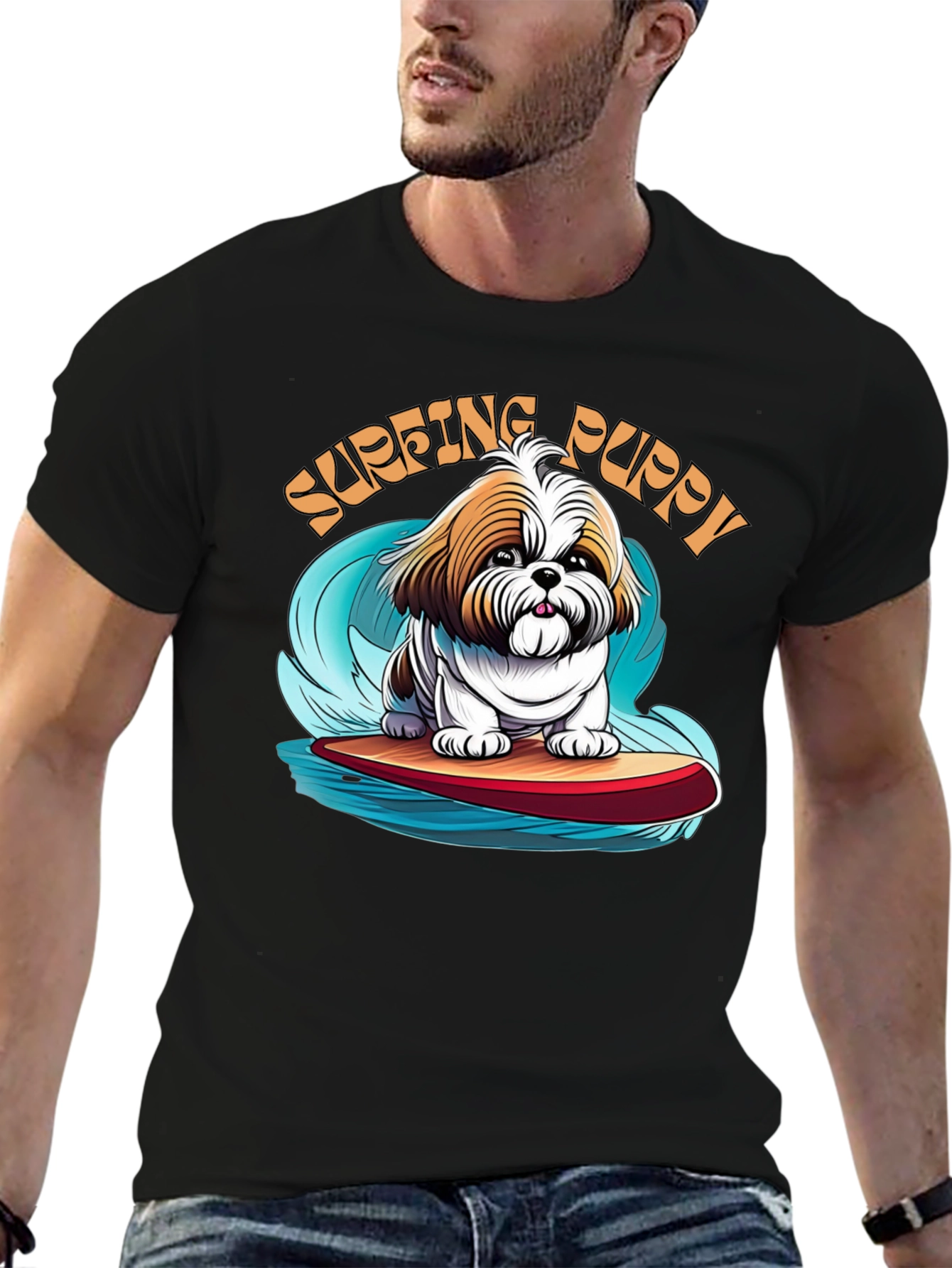 Black Surfing Puppy T-Shirt - Cute Dog Design view 6