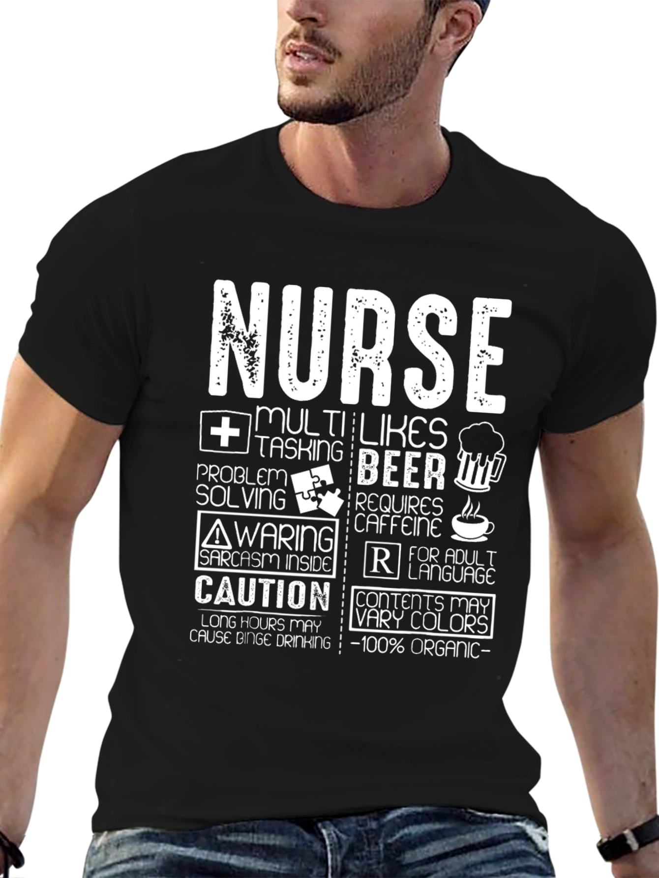Black Nurse Funny T-Shirt - Multi-Tasking, Beer, Caffeine, Organic view 6