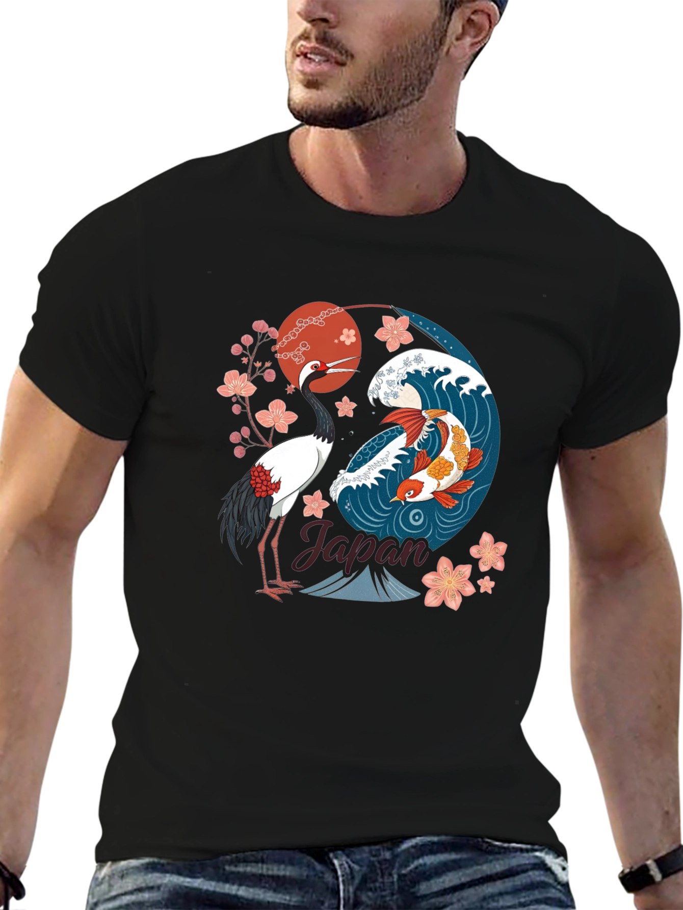 Black Japanese Koi and Crane Graphic T-Shirt view 6