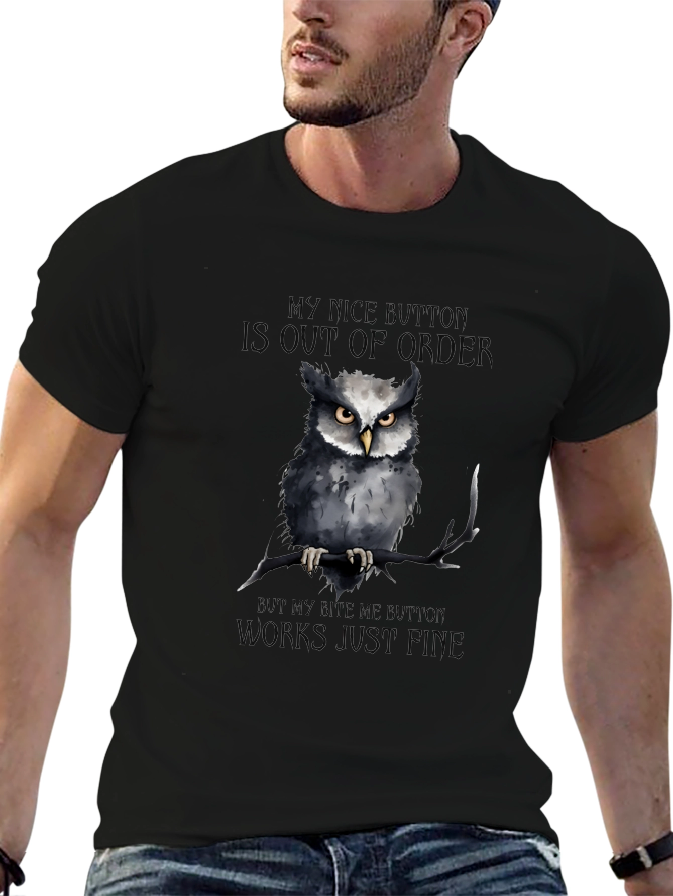 Black Funny Owl T-Shirt: My Nice Button Is Out of Order view 6