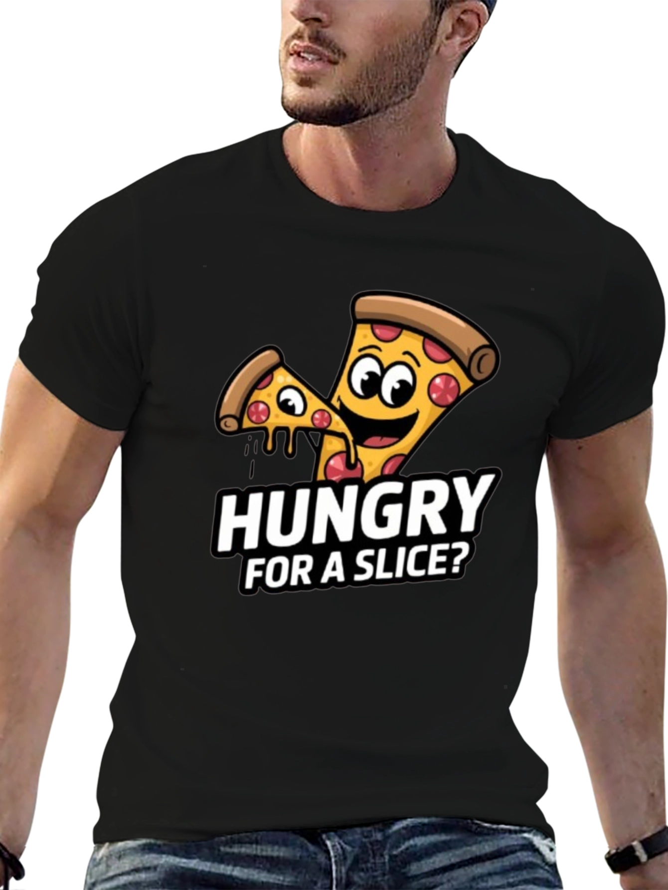 Black Hungry For a Slice? Pizza Graphic T-Shirt view 6