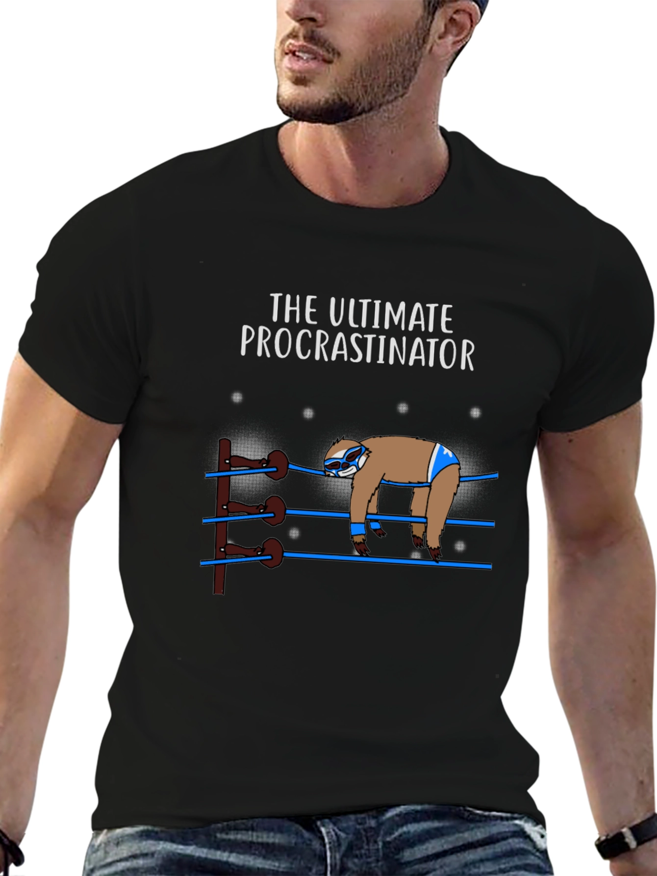 Black The Ultimate Procrastinator Wrestler Sloth Graphic Tee view 6
