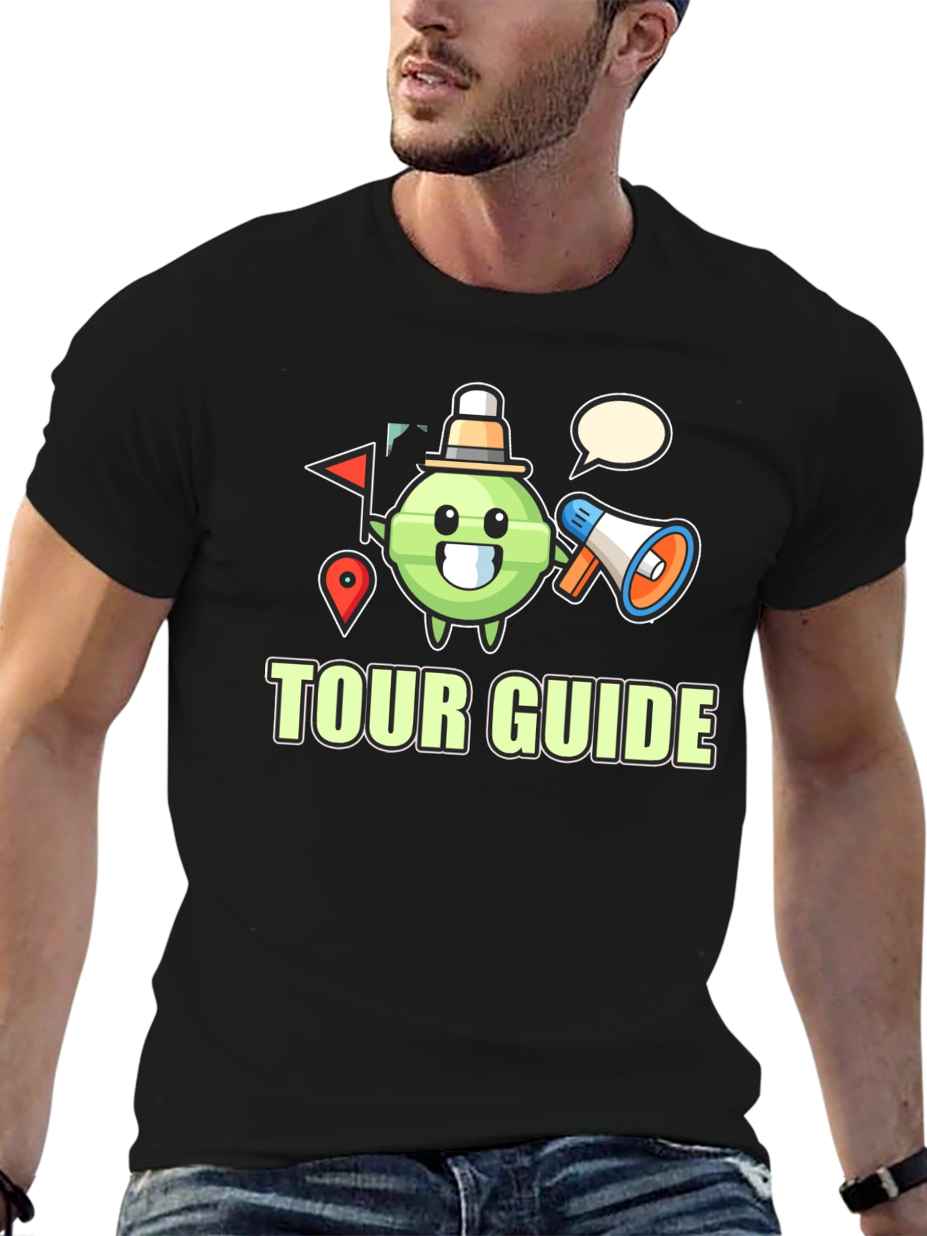 Black Tour Guide Cartoon Graphic Black T-Shirt view 6