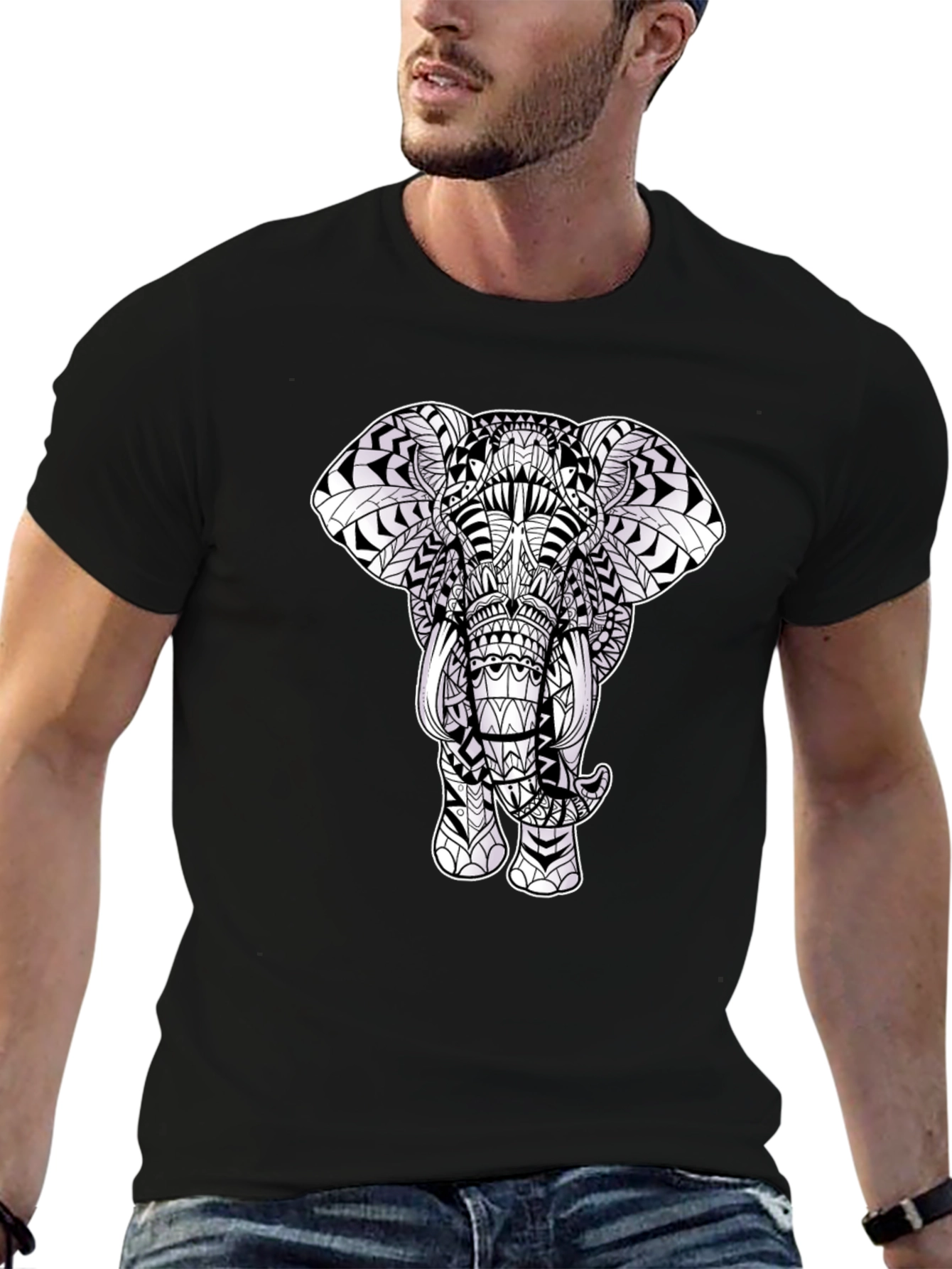 Black Elephant Mandala Print Black T-Shirt view 6