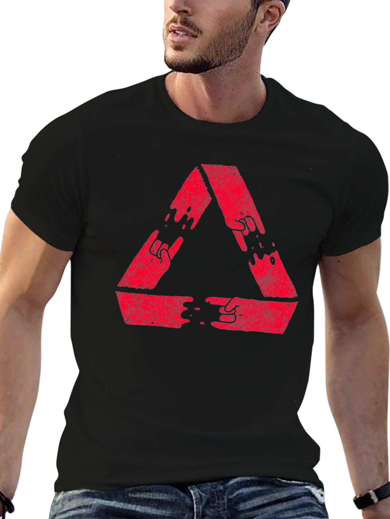 Black Red Triangle Hand Gesture Graphic Black T-Shirt view 6