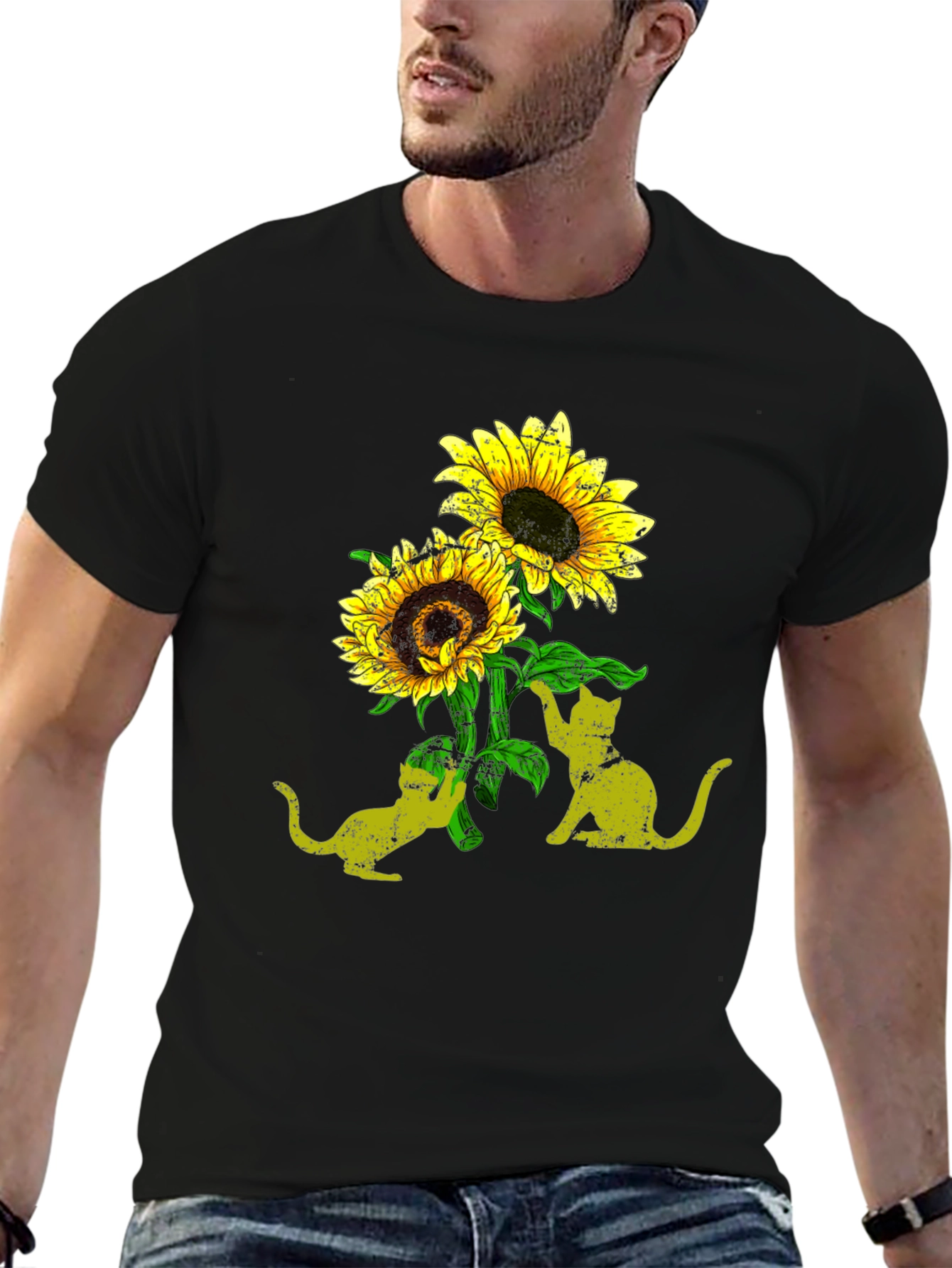 Black Sunflower Cats Black T-Shirt view 6