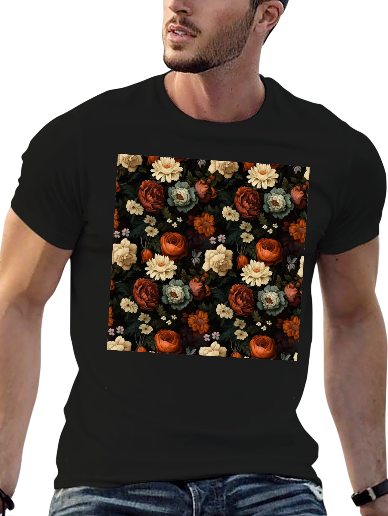 Black Floral Print Men's T-Shirt view 6