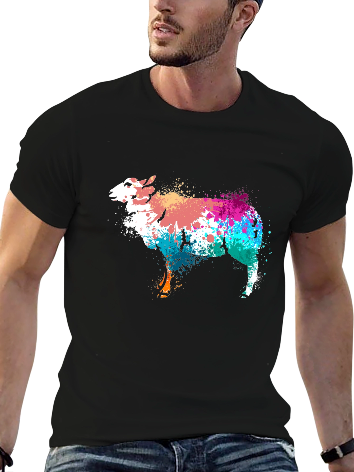 Black Colorful Sheep Graphic Tee - Black Cotton Blend view 6