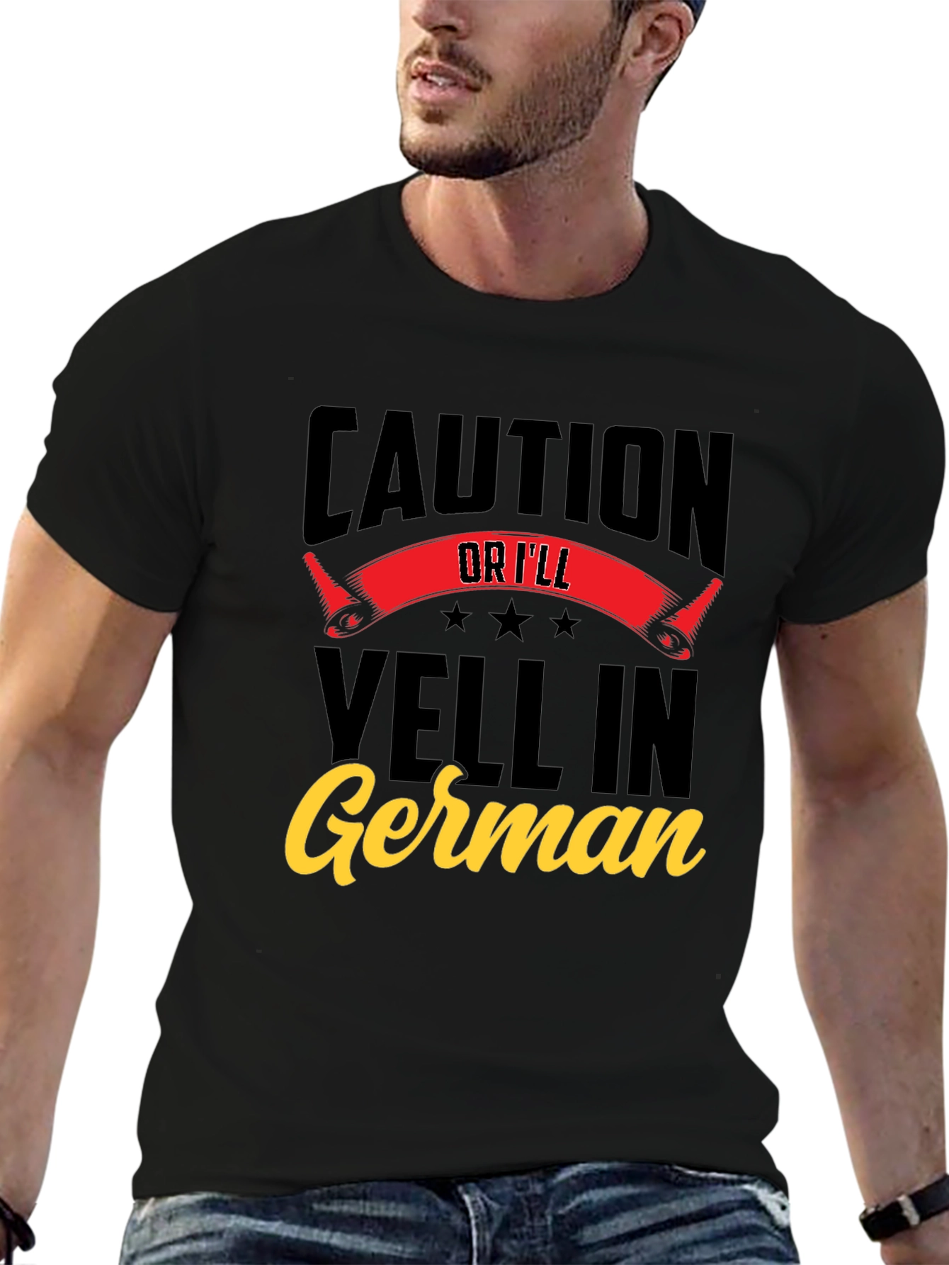 Black Caution Or I'll Yell In German T-Shirt view 6